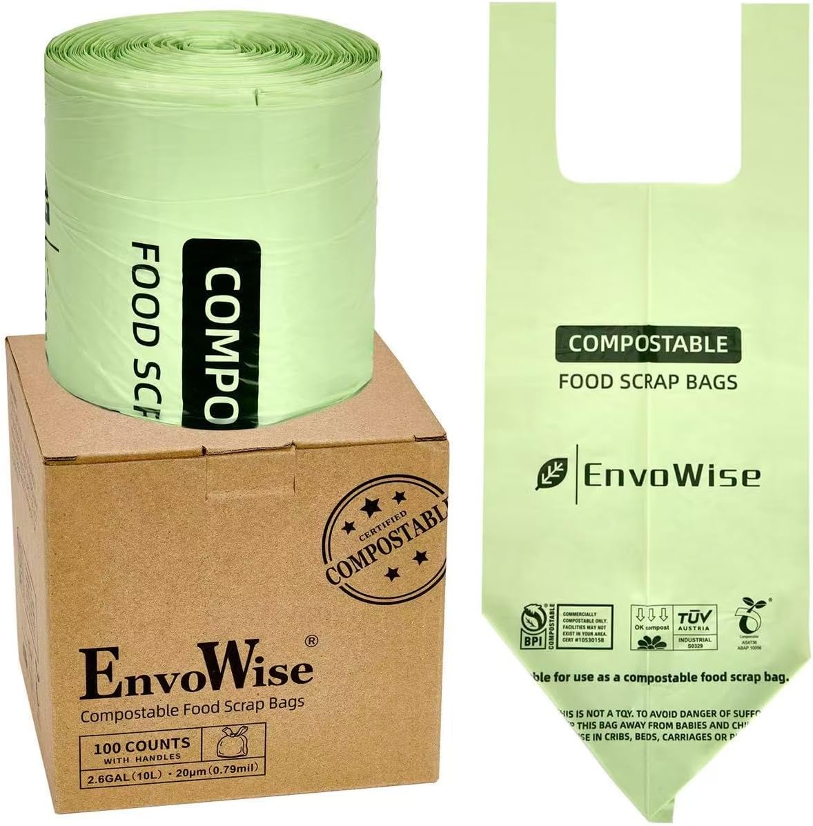 2.6 Gallon Handle Tie Compostable Bags, 100 Count, Food Scrap Bags Certified by BPI and OK compost INDUSTRIAL, Thickened 10L Compostable Trash Bag