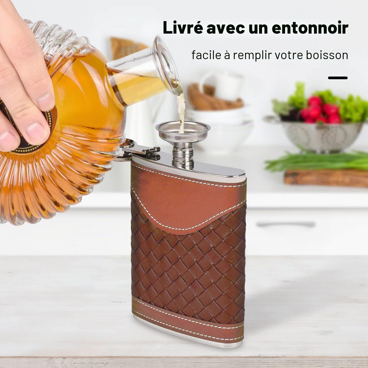 Flasque en cuir pour homme de 237 ml,Ensemble cadeau,Flasque en acier inoxydable 304 avec entonnoir,Joli cadeau pour whisky, rhum, témoin d'honneur, mariage, camping,Motif rayures marron,227 ml