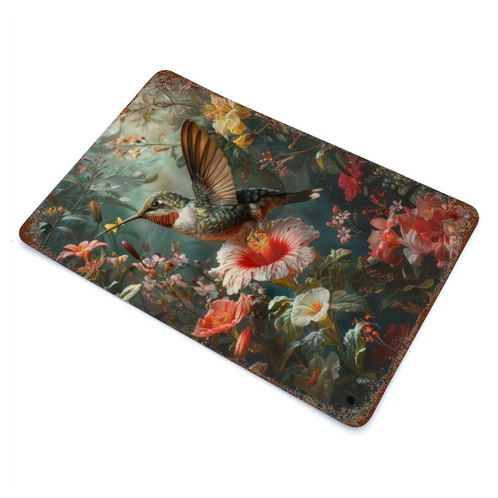 Floral Hummingbird Vintage Metal Tin Sign 11.8"x7.9", Novelty Wall Decor for Garage, Pub Or Kitchen