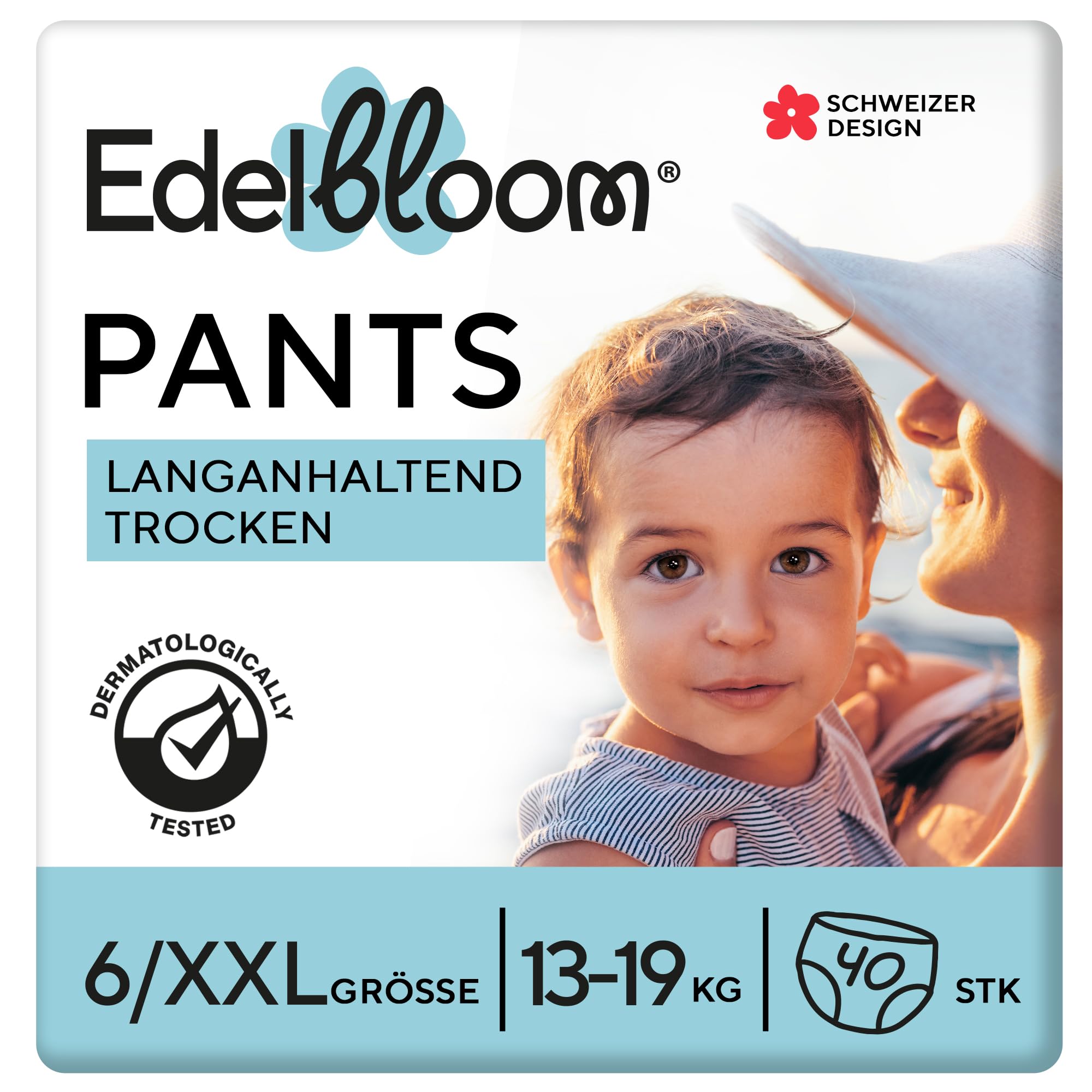 Edelbloom Premium 40 Windelhöschen Größe 6 (13–19 kg), Ultra-Saugfähig & Atmungsaktiv, Hypoallergen, Extra Weich & Sanft für Babys, Dermatologisch Getestet, Sicherer Auslaufschutz, Für Tag & Nacht