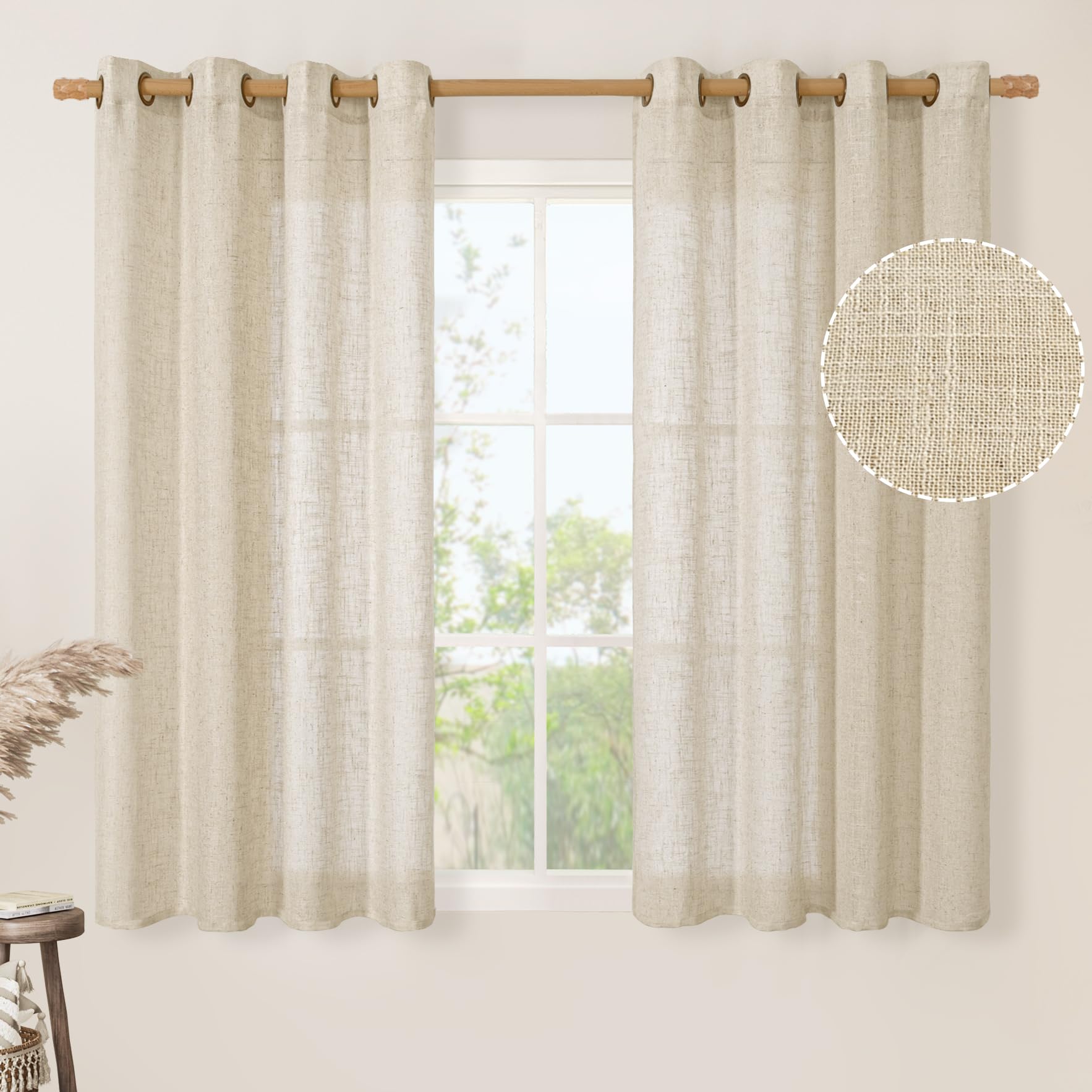 LAMIT 54 Inch Length Linen Curtains for Bedroom, Light Filtering Semi Sheer Neutral Short Decorative Window Drapes with Bronze Grommet for Kitchen,2 Panels Set, 52 X 54 Inch, Linen โ image 1