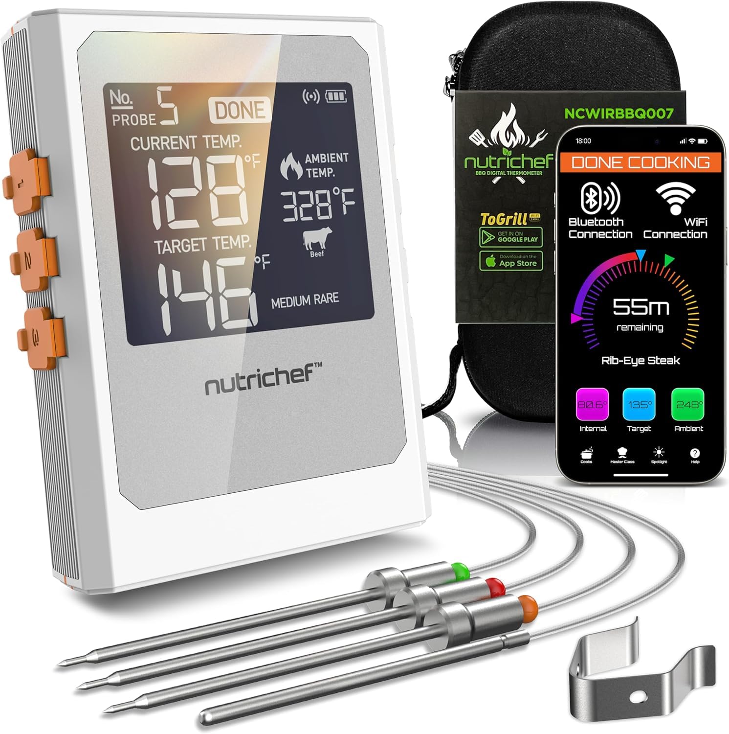 Nutrichef Wireless Meat Thermometer with 2 Stainless Steel Probes