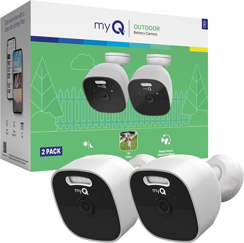 Chamberlain myQ Outdoor Battery Camera | 2K Camera, Color Night Vision, Spotlight, Motion Alerts, Live View with Two-Way Talk, Wireless, Weather-Resistant, Outdoor, White, 2 Pack