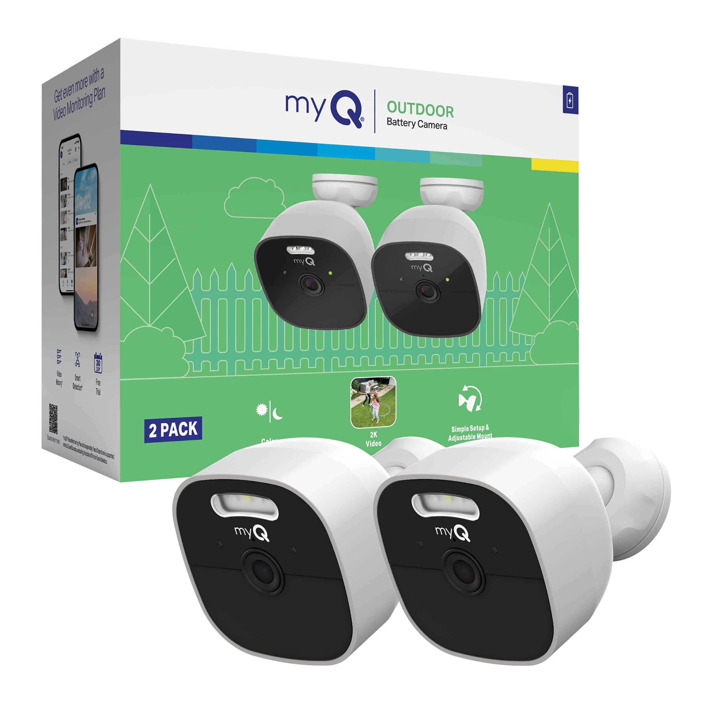 Chamberlain myQ Outdoor Battery Camera | 2K Camera, Color Night Vision, Spotlight, Motion Alerts, Live View with Two-Way Talk, Wireless, Weather-Resistant, Outdoor, White, 2 Pack