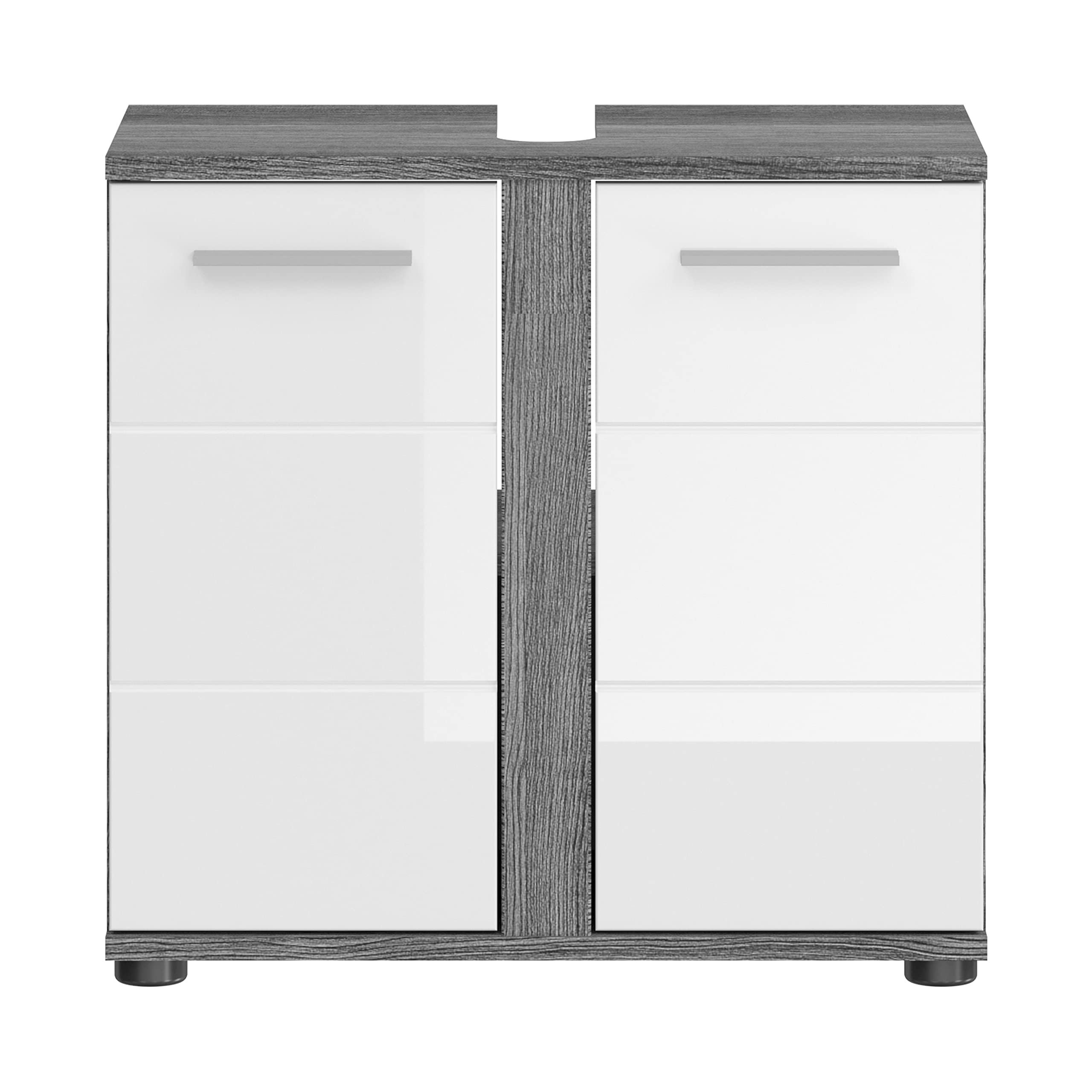 xonox.home Badezimmer Blake 3tlg. Kombination Badmöbel Set Set für kleine Bäder Komplettprogramm Badezimmer Bademöbel-Set in weiß Hochglanz, rauchsilber Nachbildung
