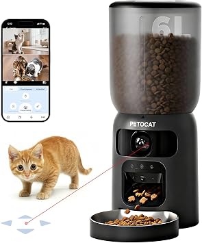 PETOCAT AI Automatic Cat Feeder with 2K HD Dual Cameras,5G&2.4G Wi-Fi 6L Cat Food Dispenser with Cats Recognition& Diet Tracking, Laser Interactive Toy & Two-Way Audio
