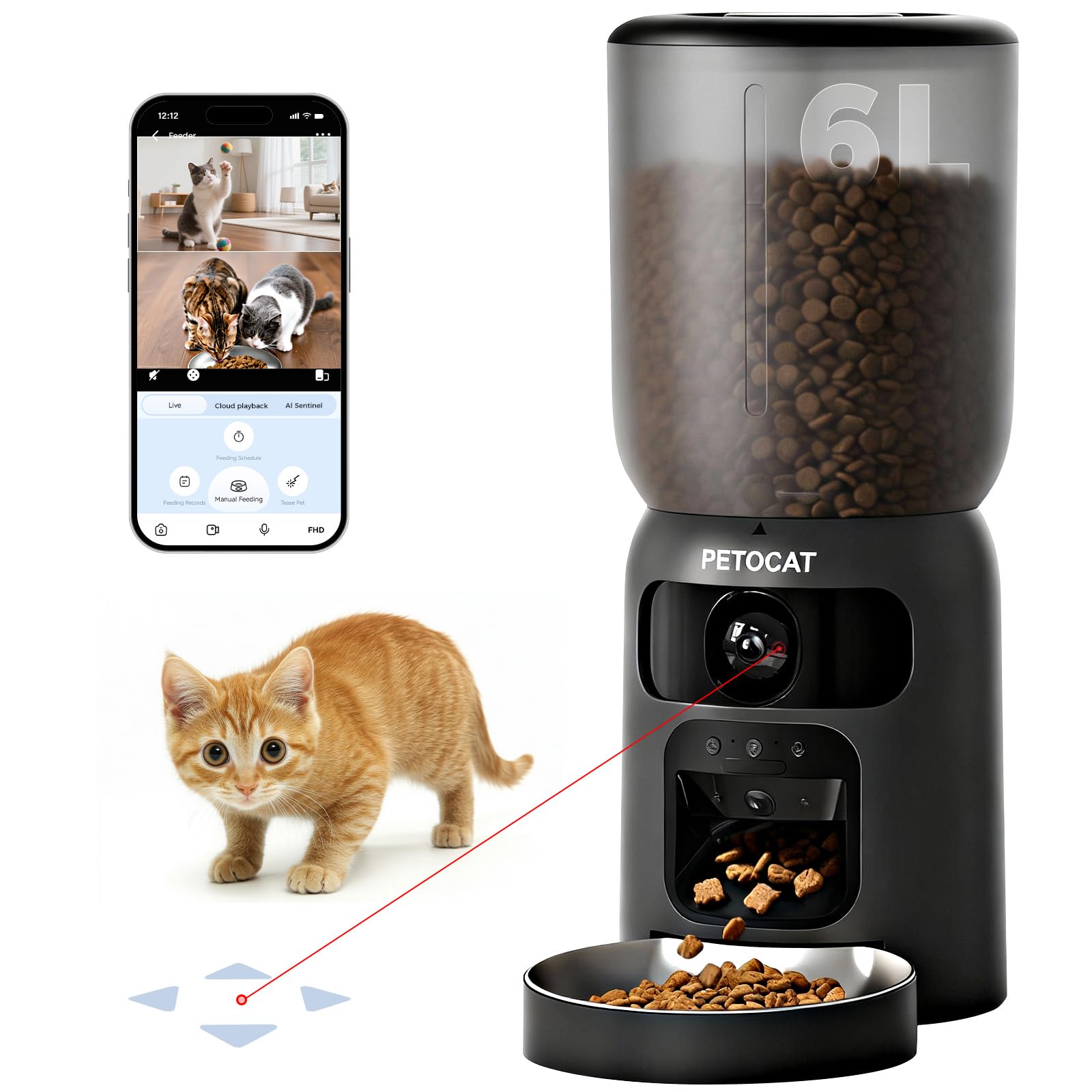 AI Automatic Cat Feeder with 2K HD Dual Cameras,5G&2.4G Wi-Fi 6L Cat Food Dispenser with Cats Recognition& Diet Tracking, Laser Interactive Toy & Two-Way Audio