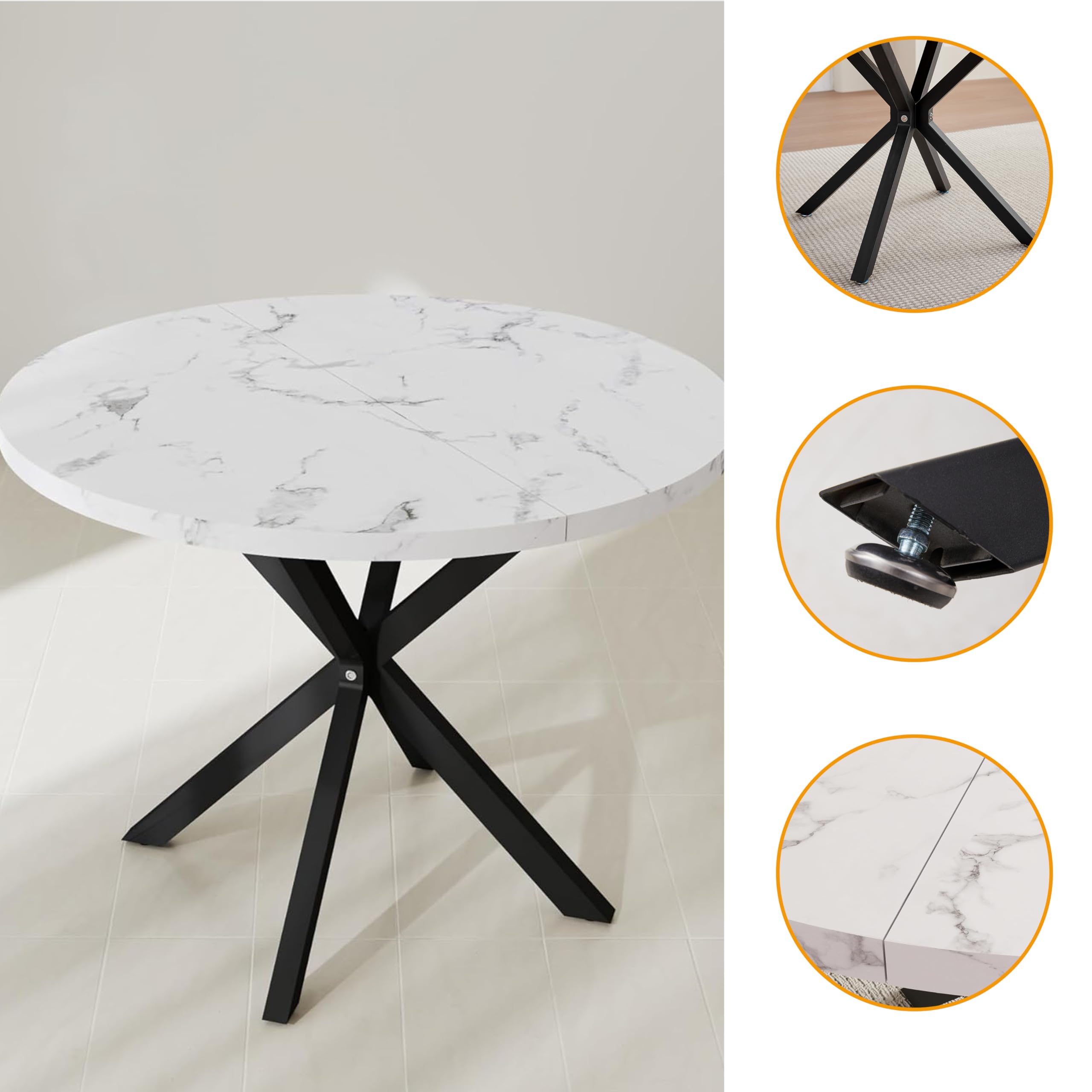 GrandCA HOME Juego de Mesa y Sillas de Comedor, Mesa Redonda de 100 cm con 4 Sillas Tapizadas Modernas, Ideal para Comedores y Cocinas Sala de Estar (Estampado de Mármol + Negro)