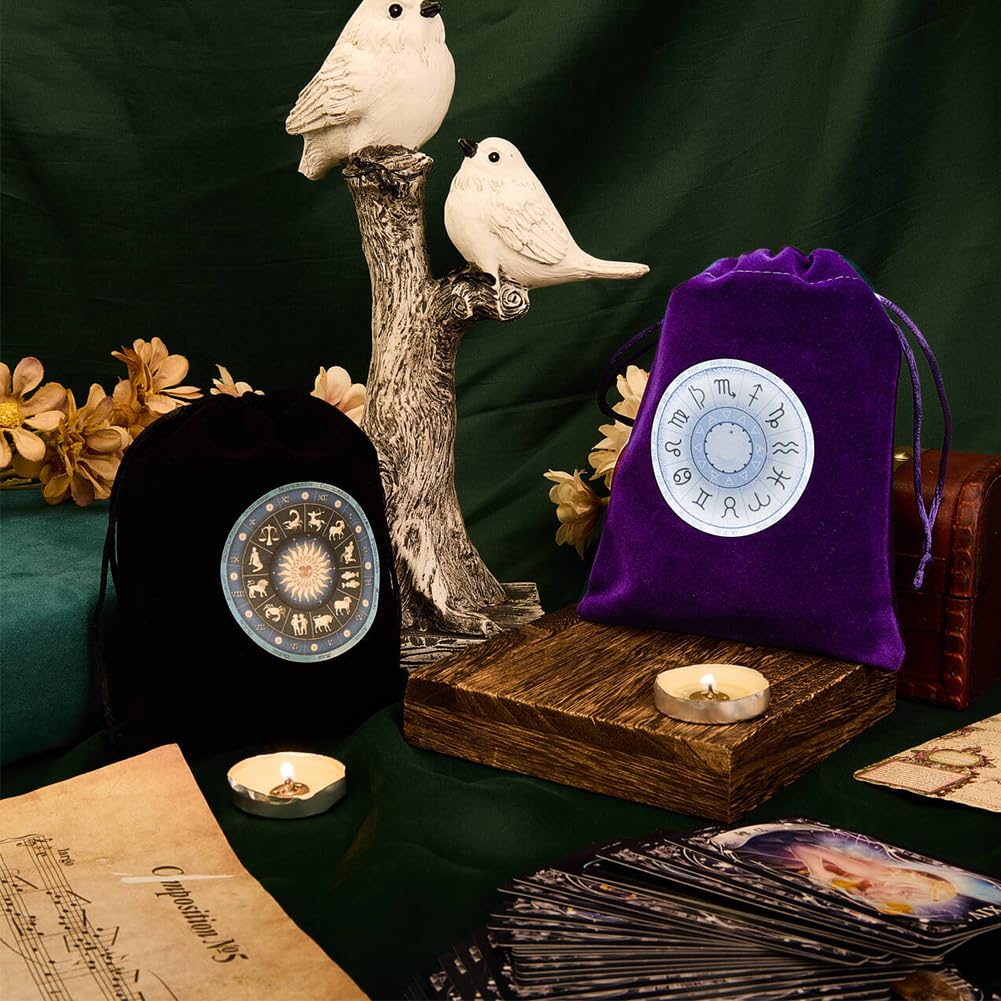 CREATCABIN 2Pcs Tarot Bags Tarot Cards Pouches Tarot Deck Holder Storage Tarot Pouches Velvet Bags with Drawstrings Black Purple The Zodiac Wrap Bags for Jewelry Crystals Altar Rune Gift 5x6Inch - Image 4