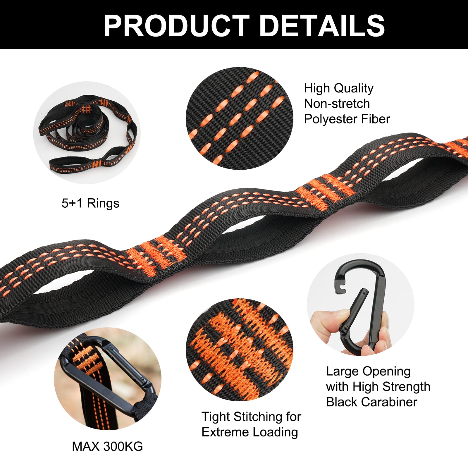 Correas de Suspensión para Hamaca 2m x 2,5cm con Mosquetones Resistentes - Kit de Fijación para Árboles, Camping y Columpio