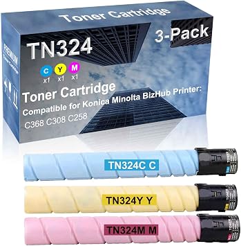 3-Pack C+Y+M Compatible C368 C308 C258 Printer Toner Cartridge High Capacity Replacement for Konica Minolta BizHub TN324C+ TN324Y+ TN324M TN324 Toner Cartridge