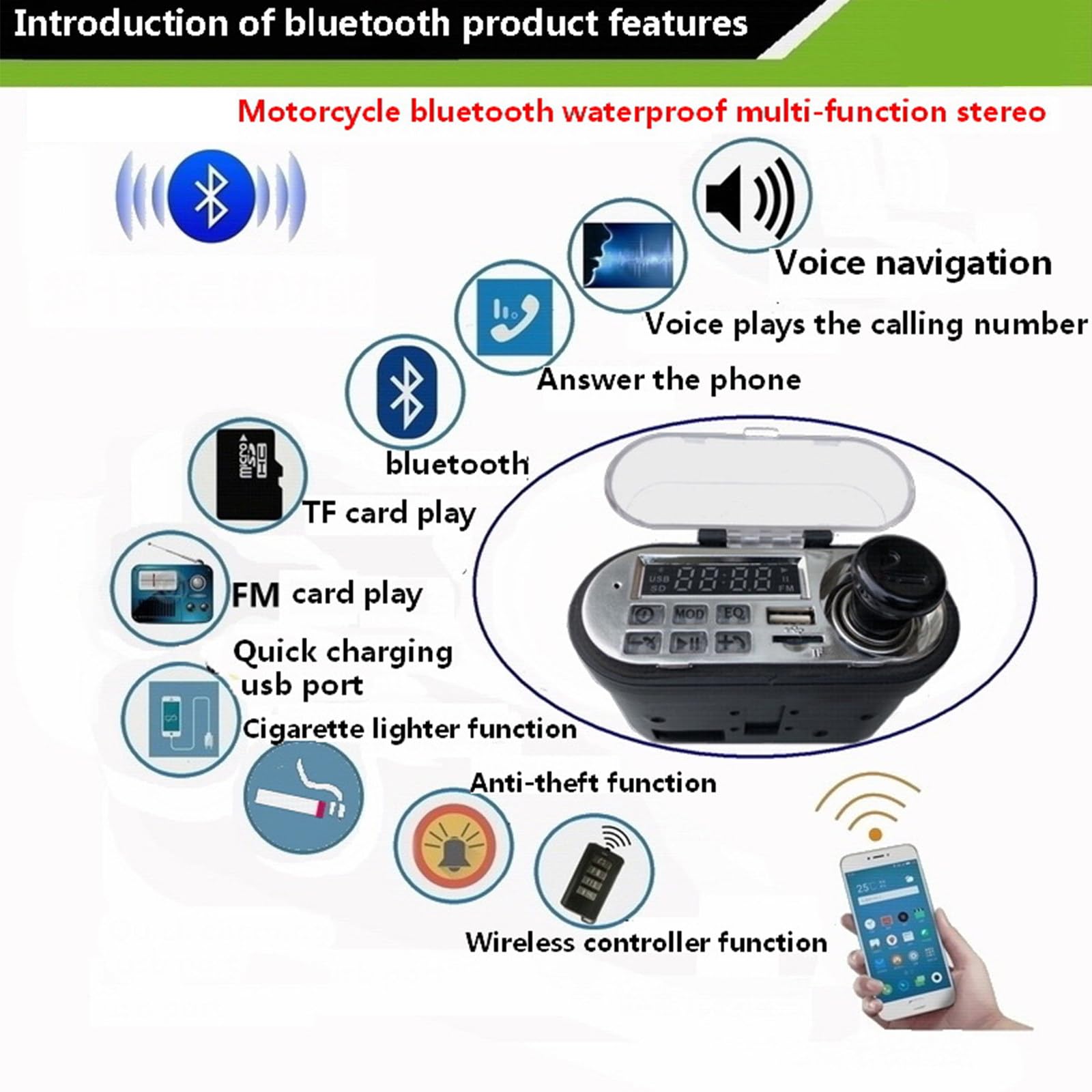 Kit Lettore Radio Bluetooth per Moto Altoparlante Stereo Audio Impermeabile Ricarica per Telefono Cellulare Allarme Antifurto Telecomando