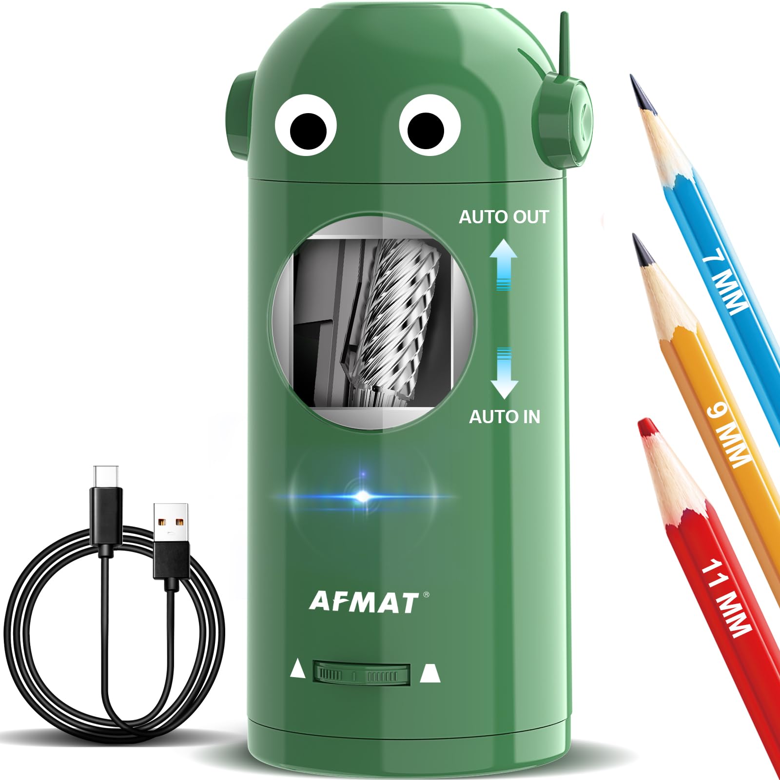 Taille-crayon électrique pour crayons de couleur de 7 à 11,5 mm - Entièrement automatique, rechargeable, mains libres - Fonctionne avec piles - Vert