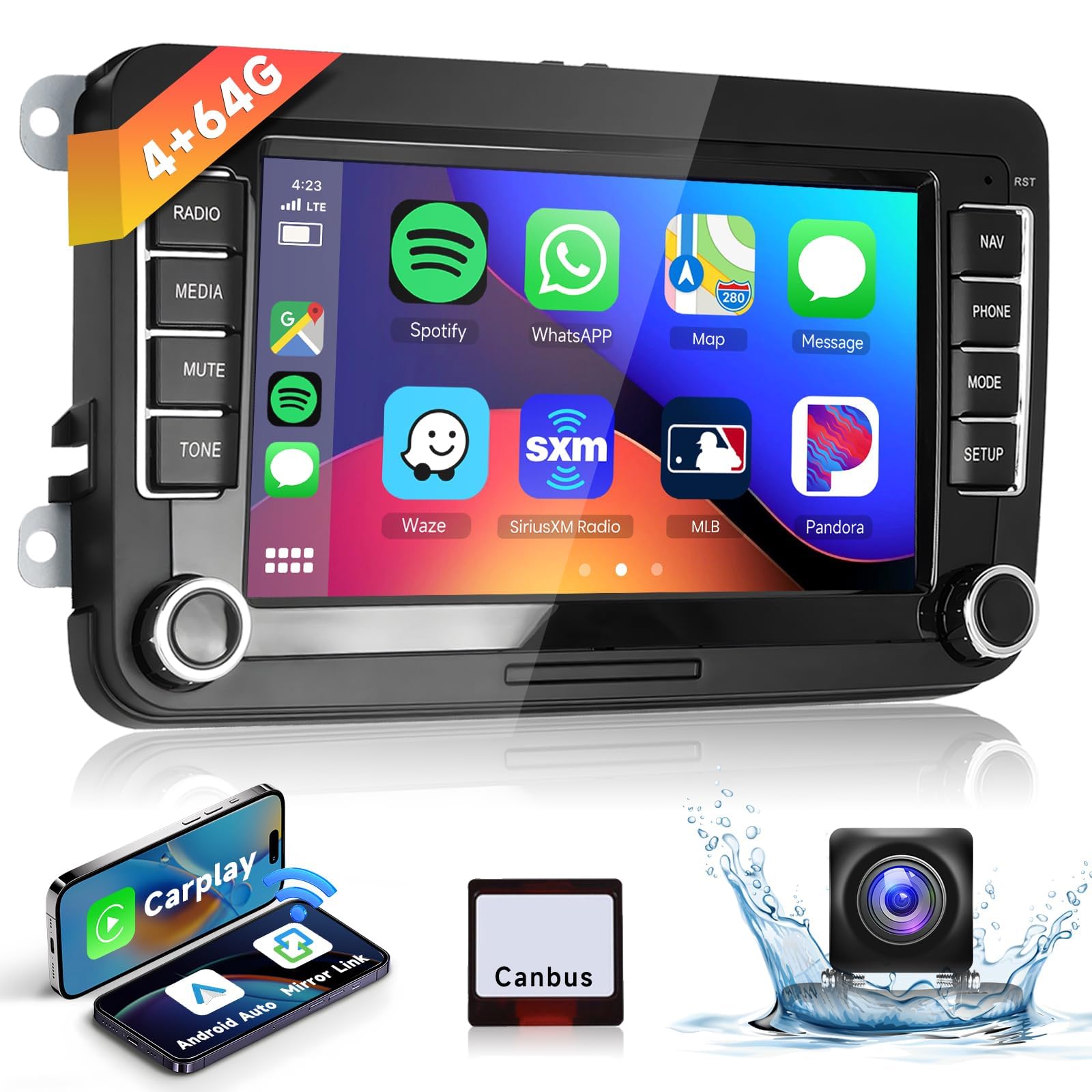 4G & 64G Autoradio 7" Bluetooth pour VW Golf 5 6 Polo Passat Skoda Touran Seat Carplay sans Fil Android Auto, WiFi GPS Navi HiFi RDS/Radio FM 2 DIN avec caméra de recul AHD/DVR/Canbus