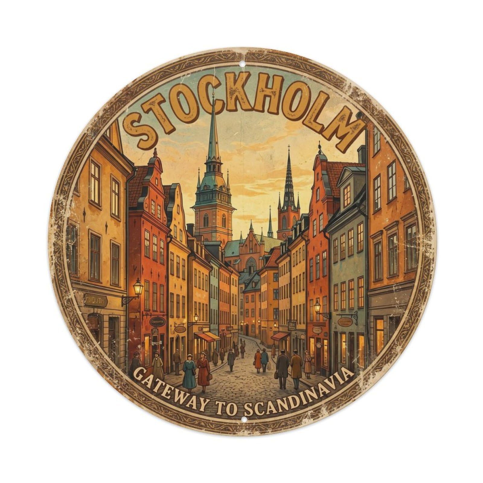 Vintage Travel Stockholm Sweden Oldtown Metal Tin Sign Plaque Wall Decor for Cafe, Club Bar, Office, Home Garden Round Metal Poster 8x8Inch