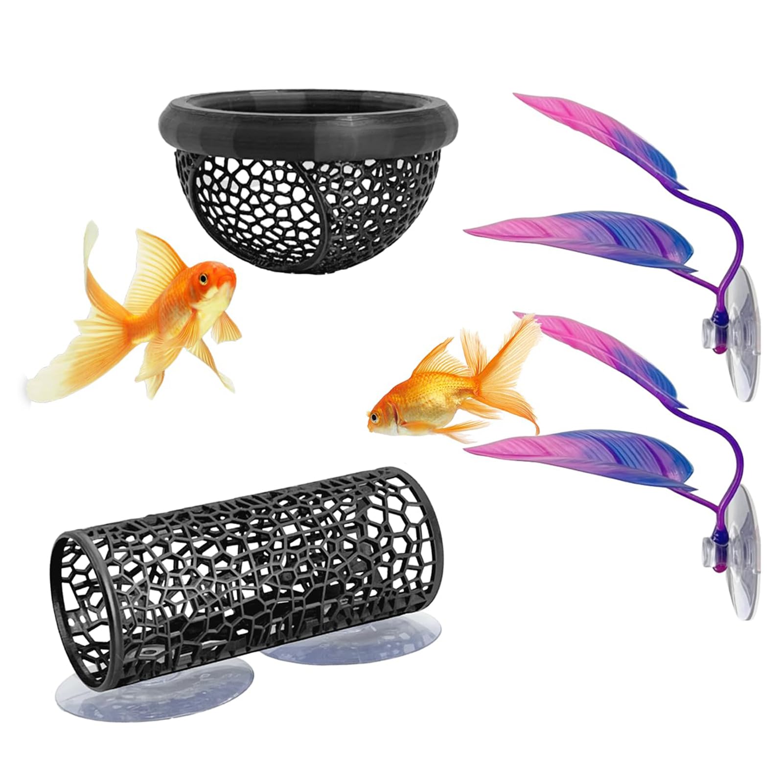 Exylosluxek Betta Hammock, 4 Piece Aquarium Fish Decoration Set for Betta Fish Tanks – Includes Suction Cup Tunnel, Hiding Cave and 2 Leaf Hammock Pads