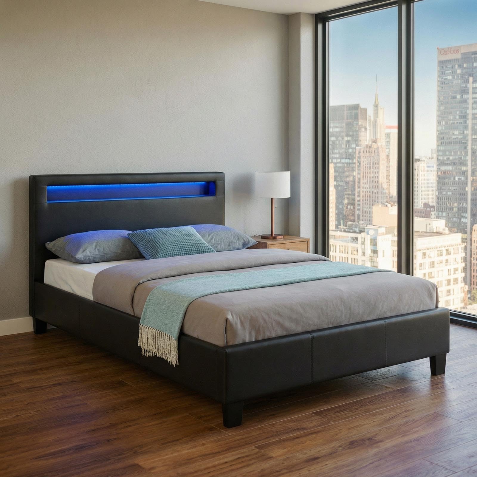 CARO-Möbel Polsterbett MIRASOL 120x200 cm, Schwarz - Einzelbett mit LED Beleuchtung im Kopfteil, inkl. Fernbedienung, Jugendbett aus Kunstleder mit Lattenrost