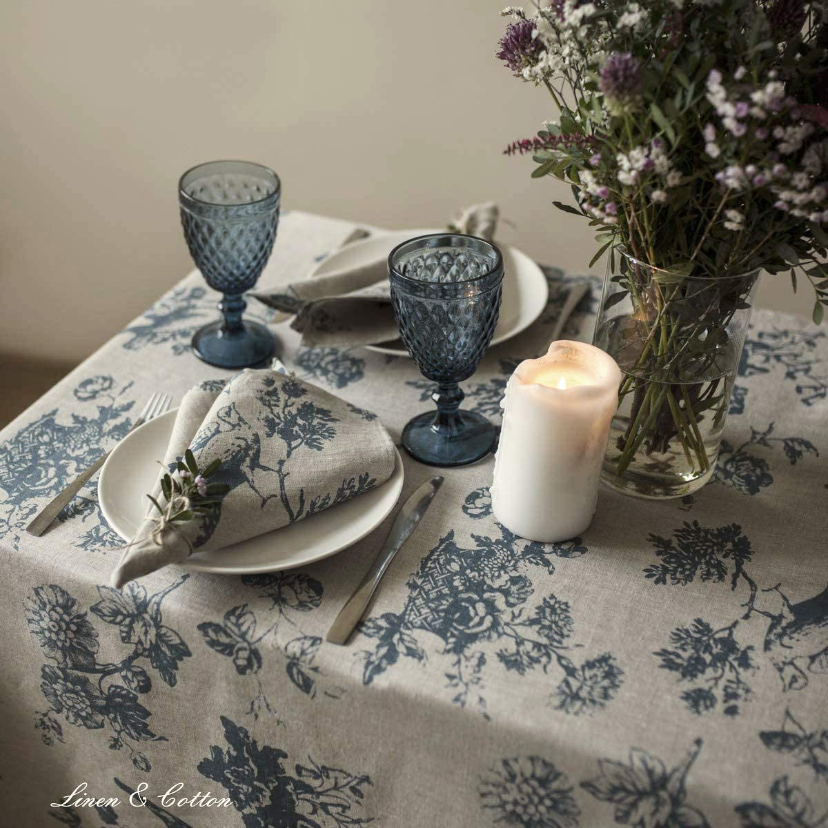 LINEN & COTTON Tovaglia da Tavola Shabby Chic Flores Motivo Floreale -100% Lino, Beige Blu (140 x 300 cm) Tovaglia di Stoffa Rettangolare Grande Lunga 3 Metri per Cucina Tavolo da Pranzo Soggiorno