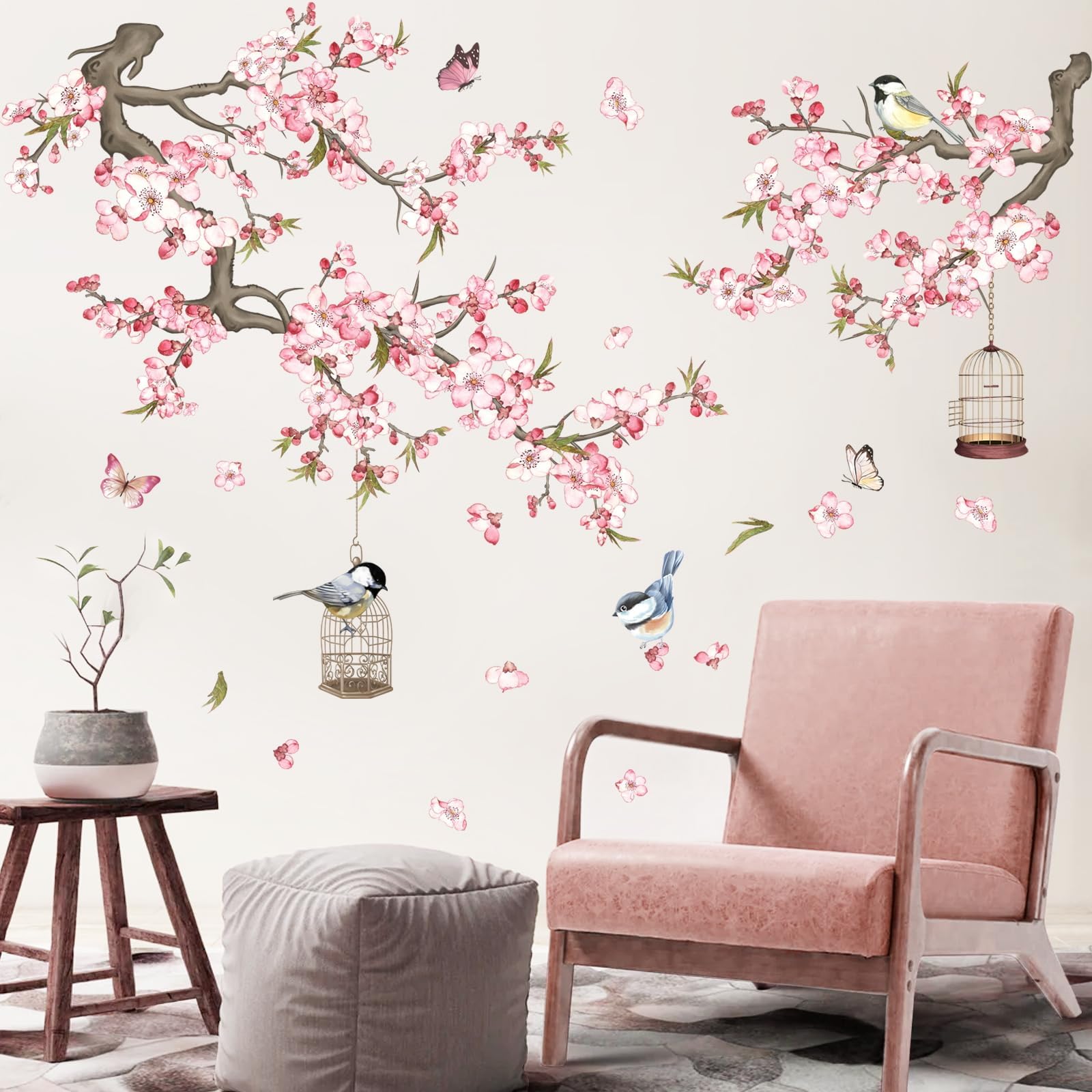 wondever Cherry Blossom Flowers Wall Stickers Pink Floral Branch Birdcage Peel and