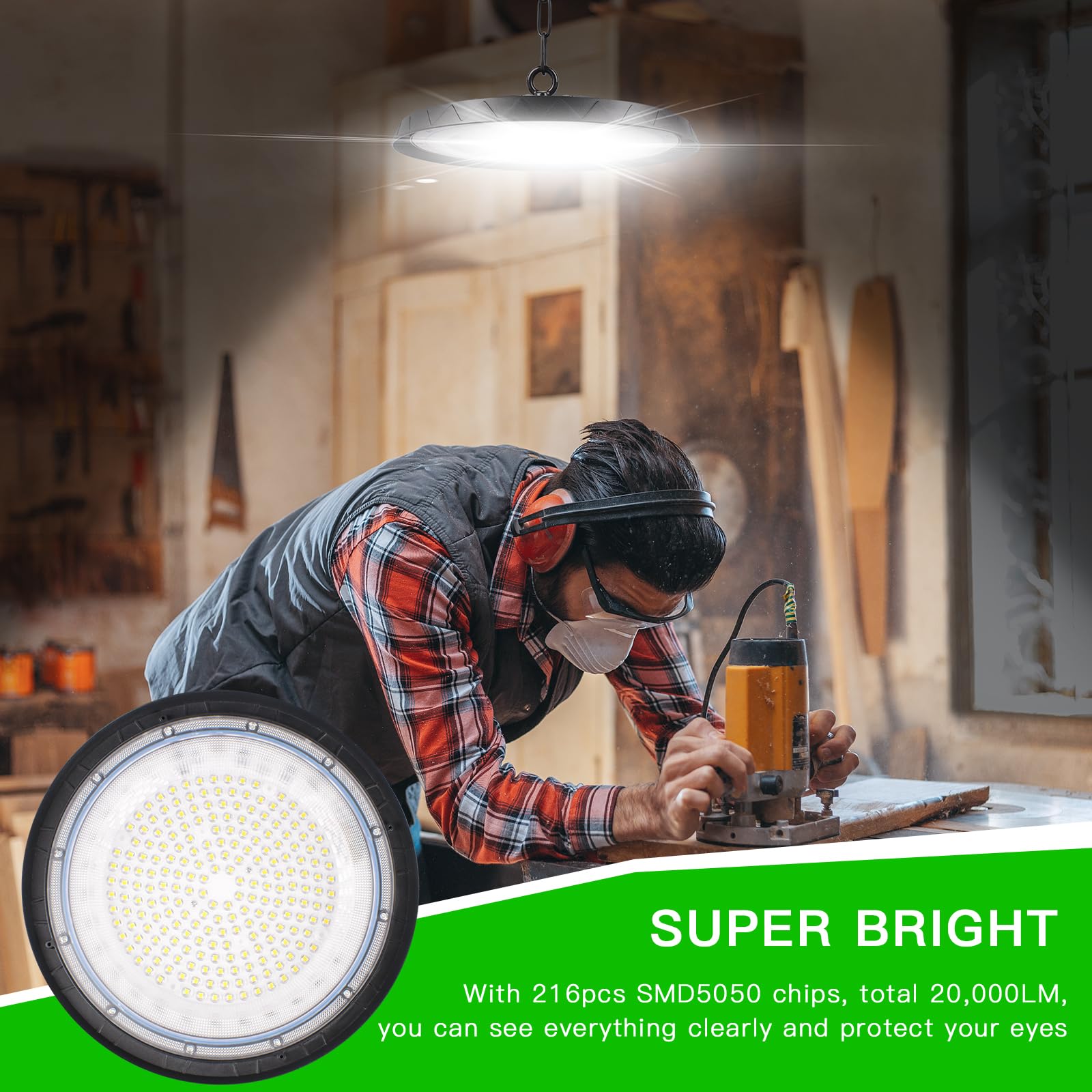 200W UFO LED Werkstattlampe, Kaltweiß 6000K UFO LED High Bay Light, 20000LM Hallenstrahler IP65 Wasserdichte Industrielampe High Bay Licht für Lagerhaus, Fabriken,Garage