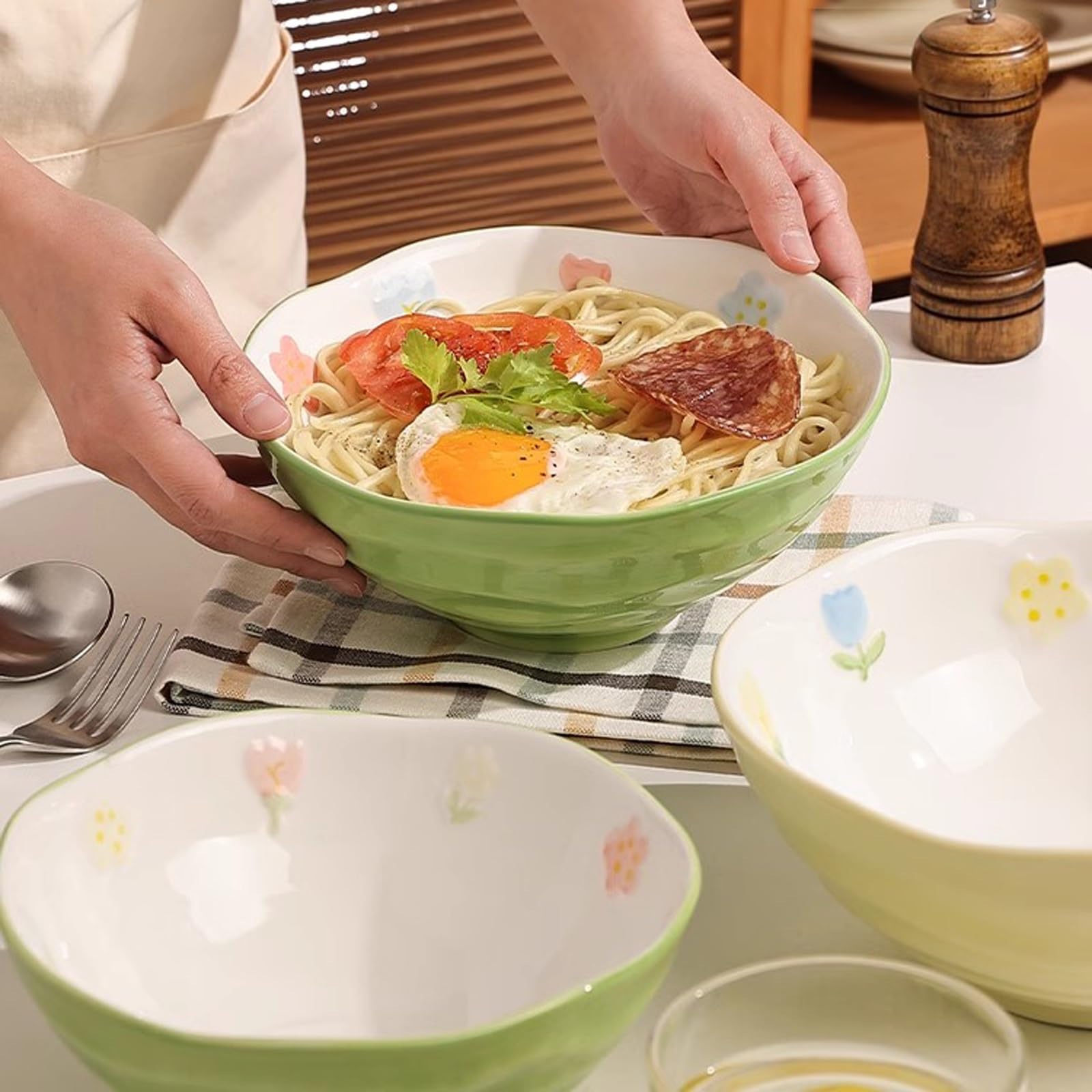 Bol de céréales Bol à soupe en céramique, 2 pièces, bol à nouilles lamiennes ménagères, Turquoise, four à micro-ondes disponible, bol en céramique, bol à salade à Texture de fil Bols à soupe pour la c