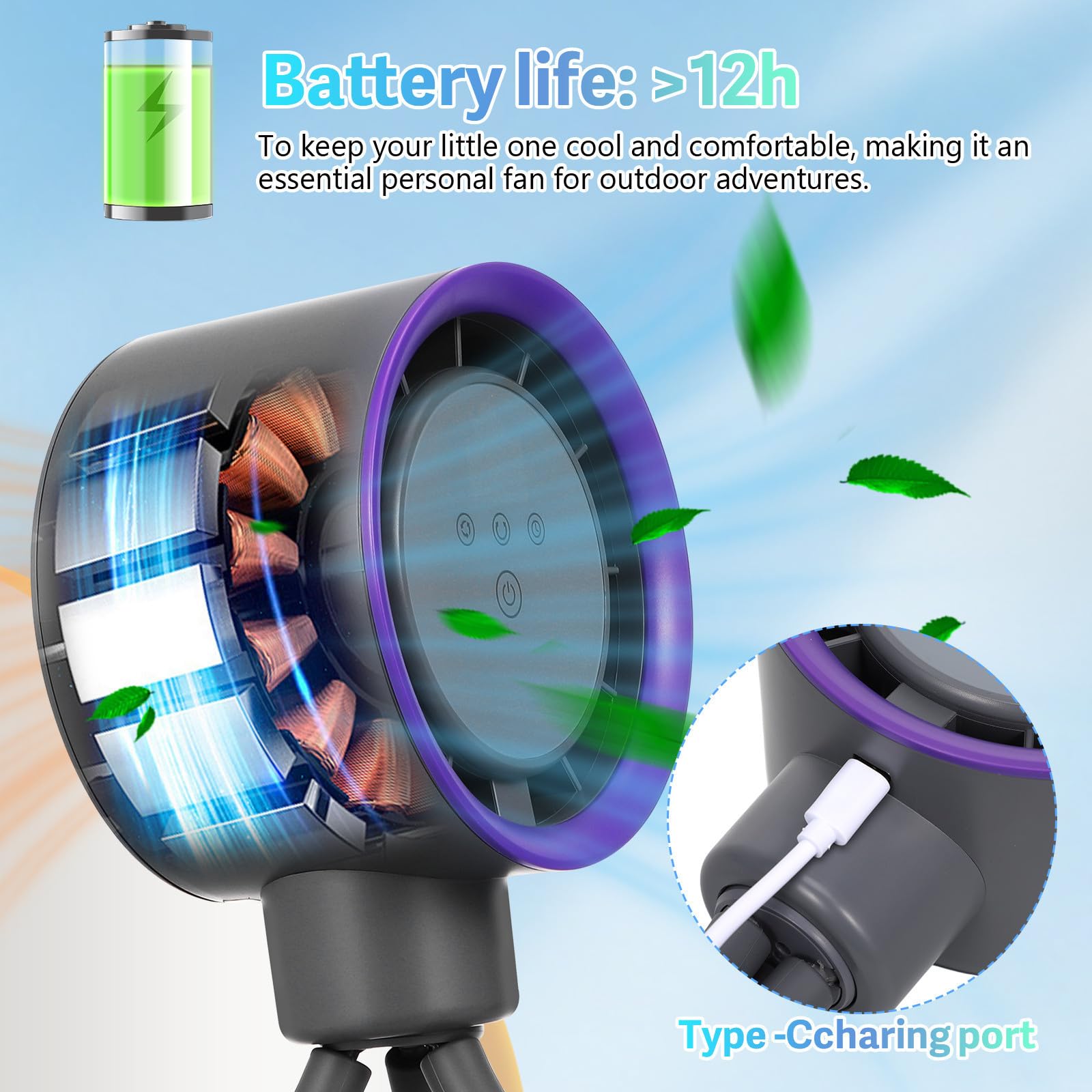 Kichvoe Ventilatore portatile per passeggino, ventilatore a clip a 360 gradi, silenzioso ricaricabile, per tapis, bici e viaggi