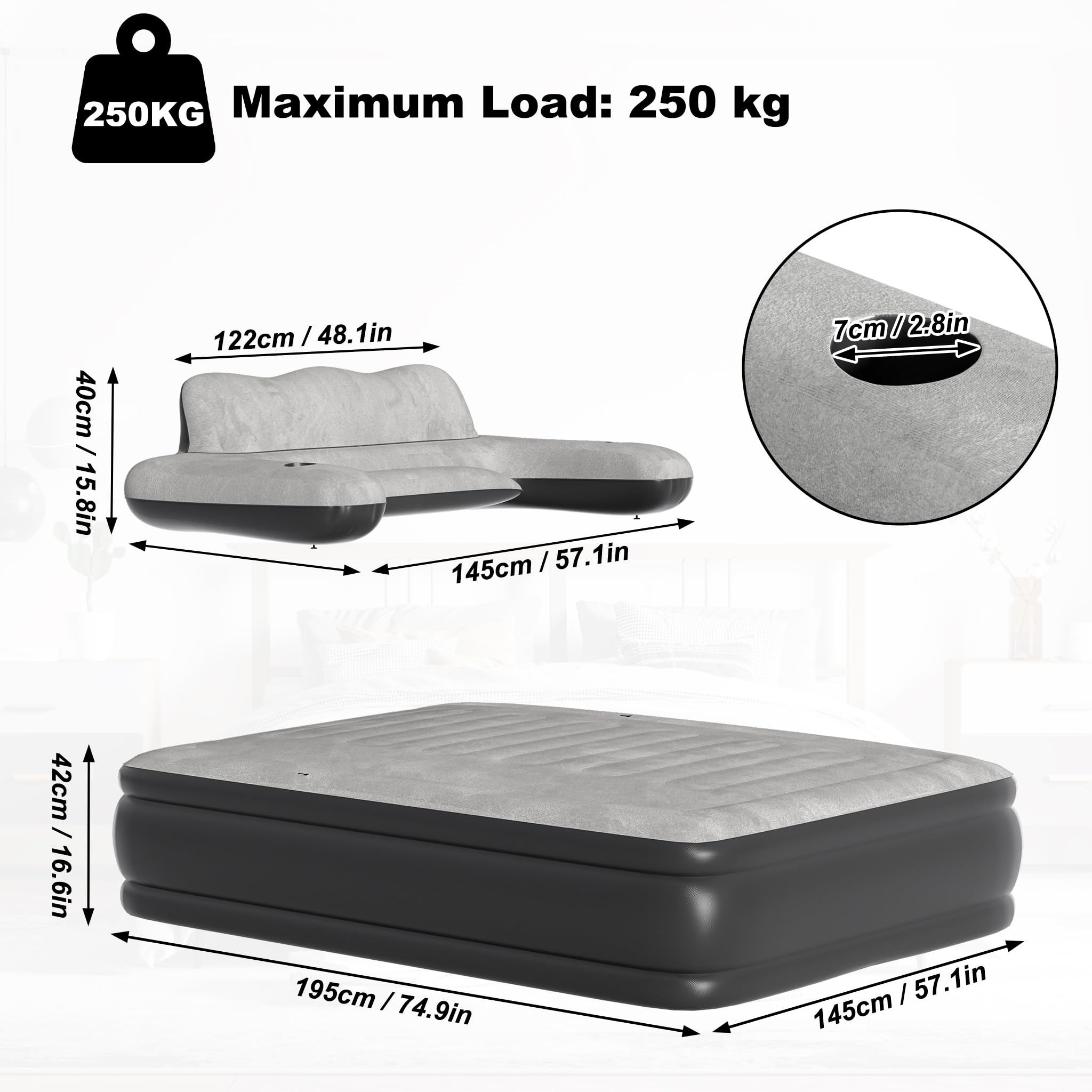 NAIZY Luftmatratze 195×146×42 cm Luftbett für 2 Person Aufblasbare Matratze mit Rückenlehne Camping Bett inkl. Luftpumpe, Gästebett Reisebett Max bis 250KG