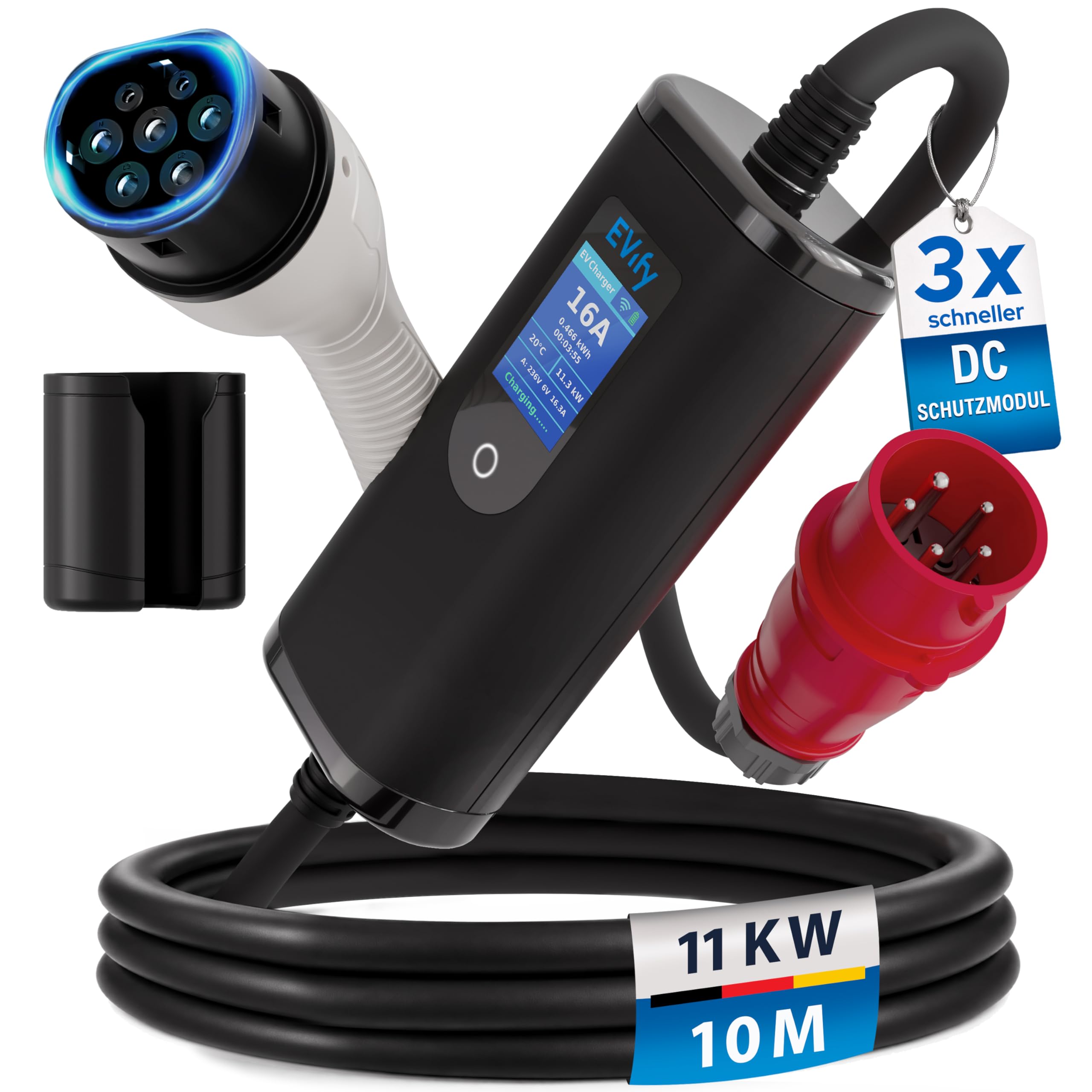 EVify Mobile Wallbox 11kW Ladegerät Typ 2 - Ladekabel CEE 16a auf Typ 2 3-Phasig 10M, Ladegerät Ladeleistung einstellbar, Mobile Ladestation, Ladekabel E Auto Starkstrom, EV Charger 11kW mit Tasche