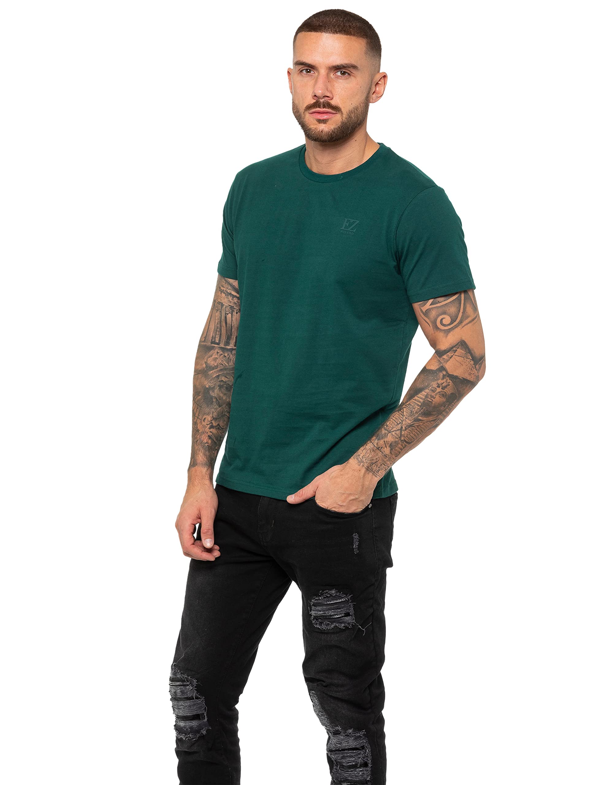 Enzo Men's Green Crew Neck T-Shirt - L - 100% Cotton