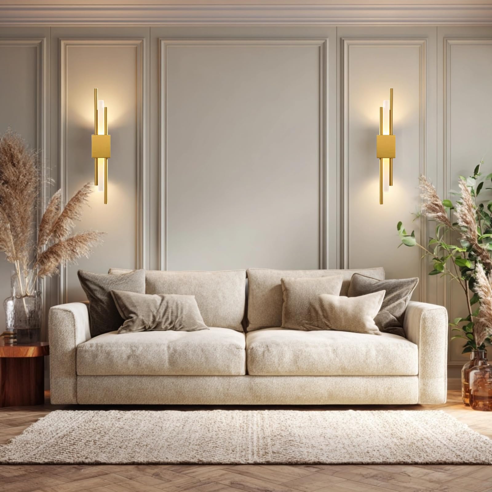 2 Stück Moderne LED Wandleuchte Gold,Vertikale Geometrische Metall Wandlampe mit Acrylschirm,Minimalistische Innenbeleuchtung für Schlafzimmer,Wohnzimmer,Flur,8W,48cm,3 Farbtemperatur (2Stk.L&R)