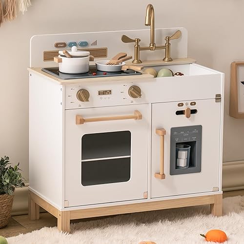 Miniatura 9 de ROBOTIME Juego de cocina para niños pequeños, juego de cocina de madera para niños con luces reales y sonidosdispensador de cubitos de hielo, cocina
