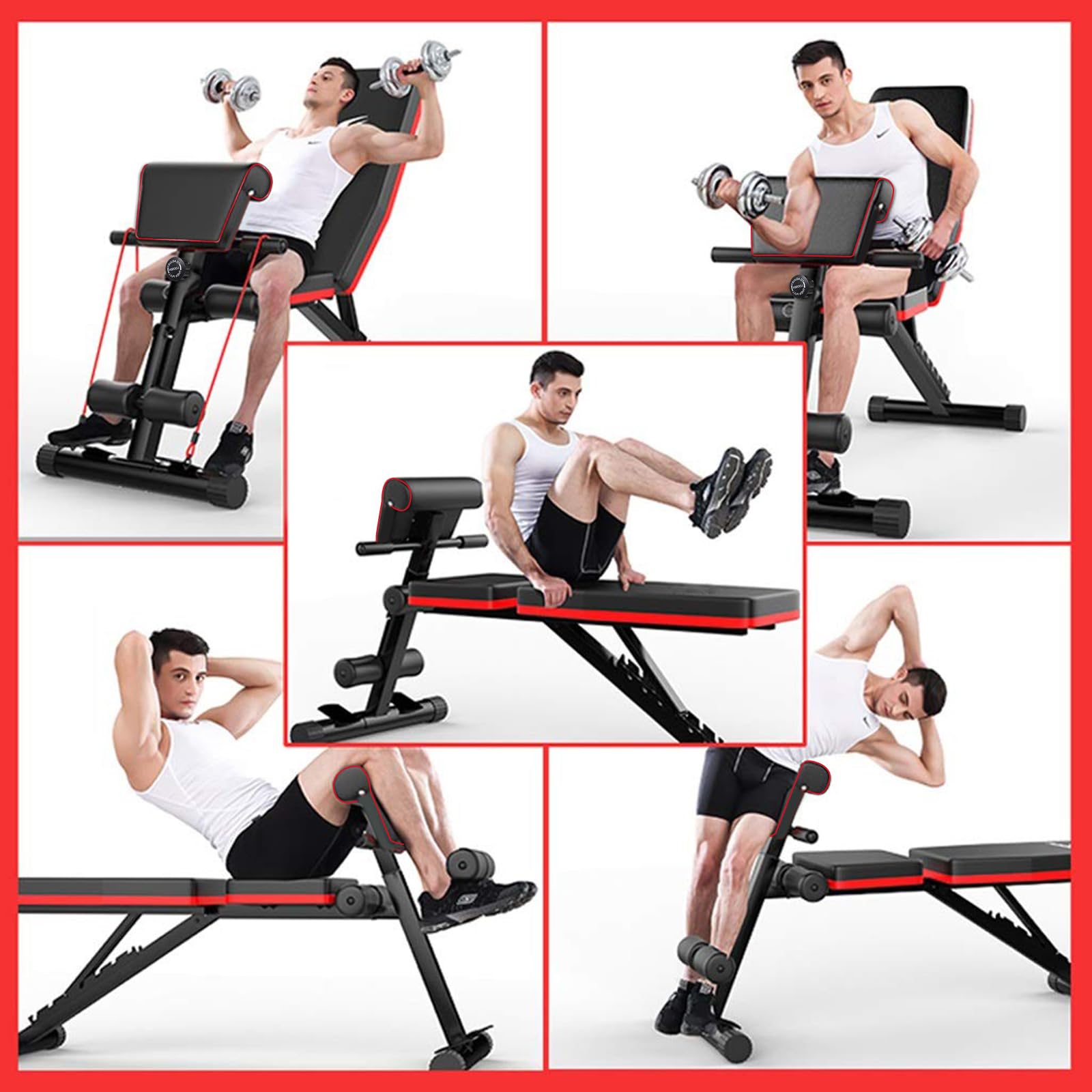 Panca Pesi 5-in-1 Regolabile Multifunzione, Pieghevole da Allenamento per Addominali, 7 Direzioni Schienale Regolabile, Fitness per Casa Palestra Max 150kg