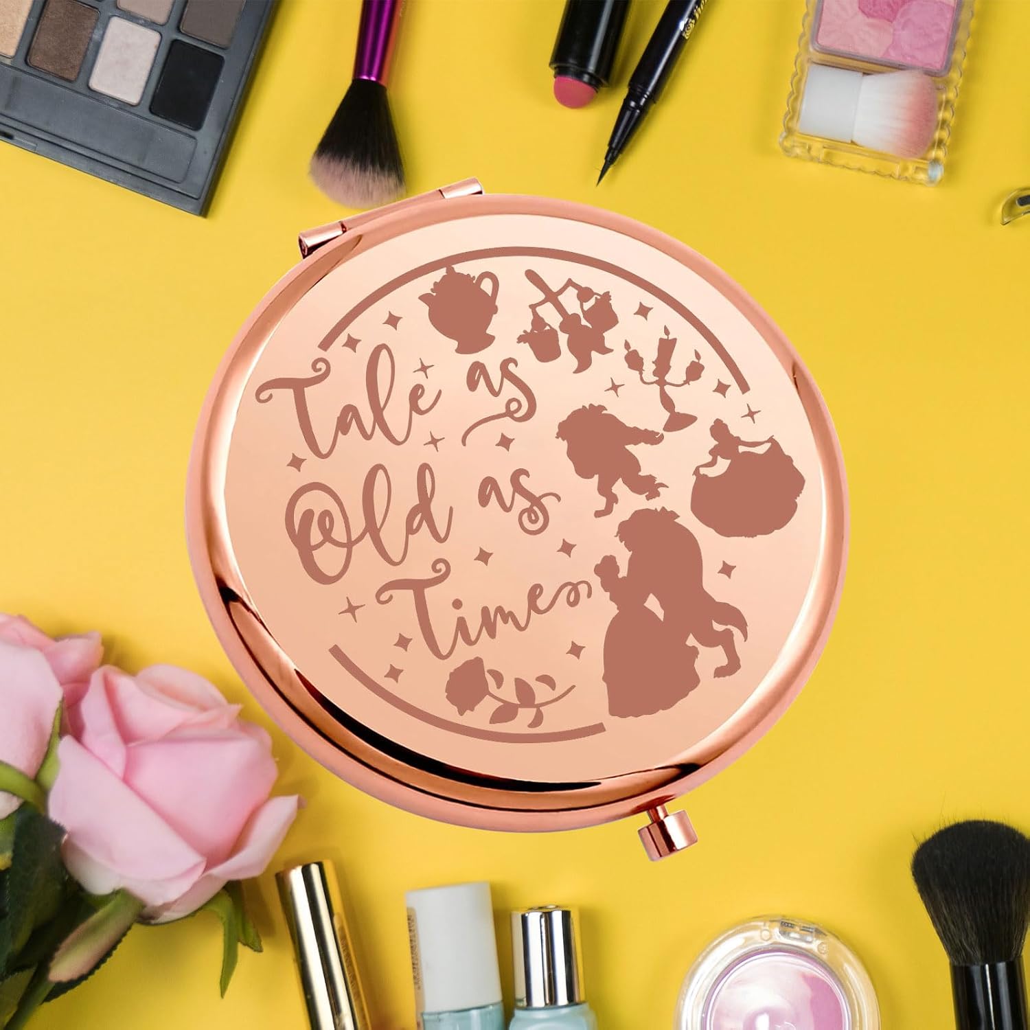 KEYCHIN Princess Beauty Pocket Mirror Princess Rose Gifts Tale As Old As Time Compact Makeup Mirror Fairytale Movie Merch (Tale As Old-RG)