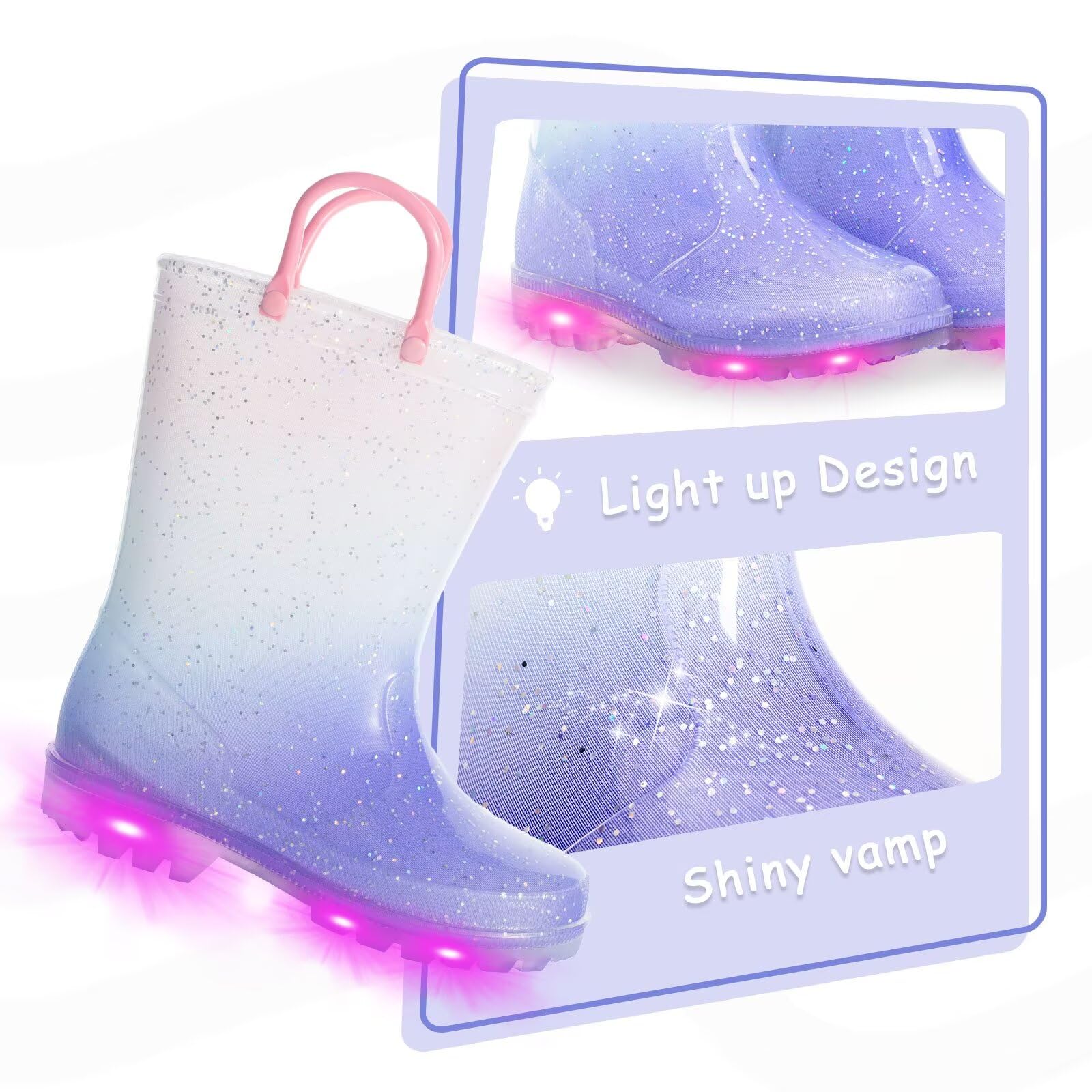 EUXTERPA Stivali da pioggia con glitter per bambini con manici per bambini da 1 a 9 anni