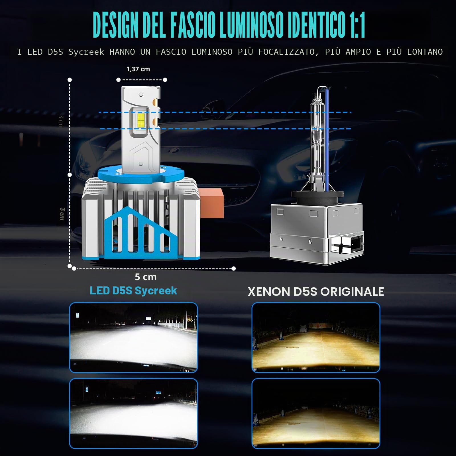 Sycreek Lampadine D5S LED con Ventola,30000LM 6500K Bianco Sostituisci Lampadine allo xeno HID OEM,600% Super Luminose Fari Code e Route,2 Lampade