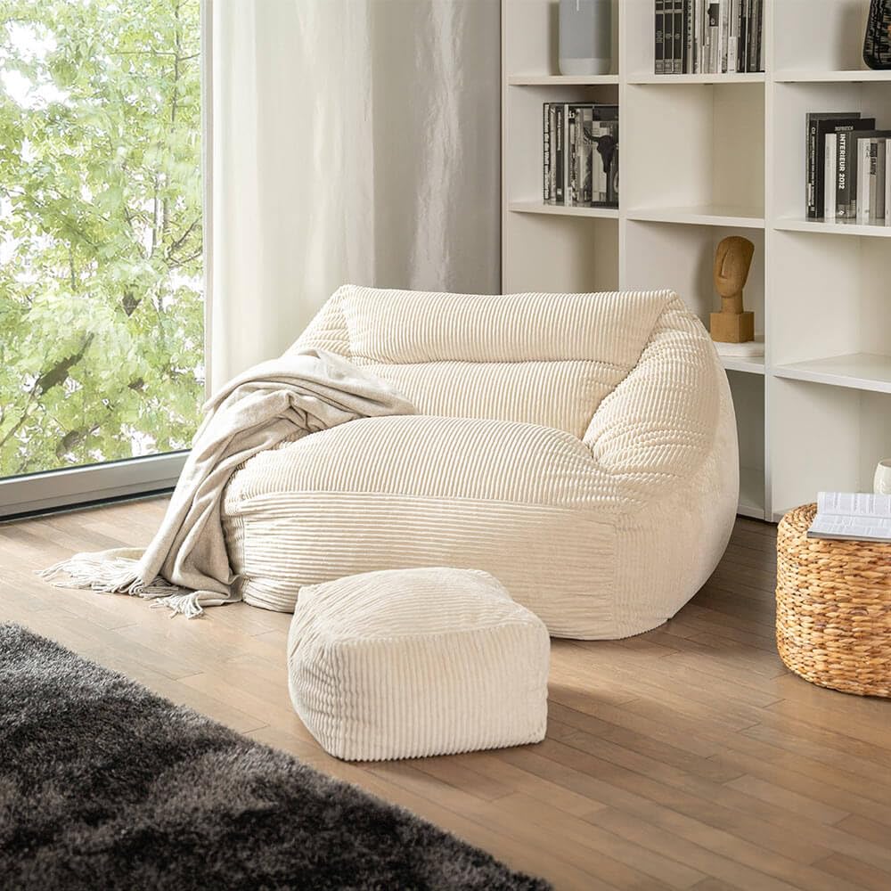 Home Deluxe - Sitzsack Cozy mit Hocker - Stoff: Samt Cord, Farbe: Beige - Maße: 100 x 88 x 80 cm, inkl. Füllung I Sitzmöbel Bean Bag Sitzsäcke