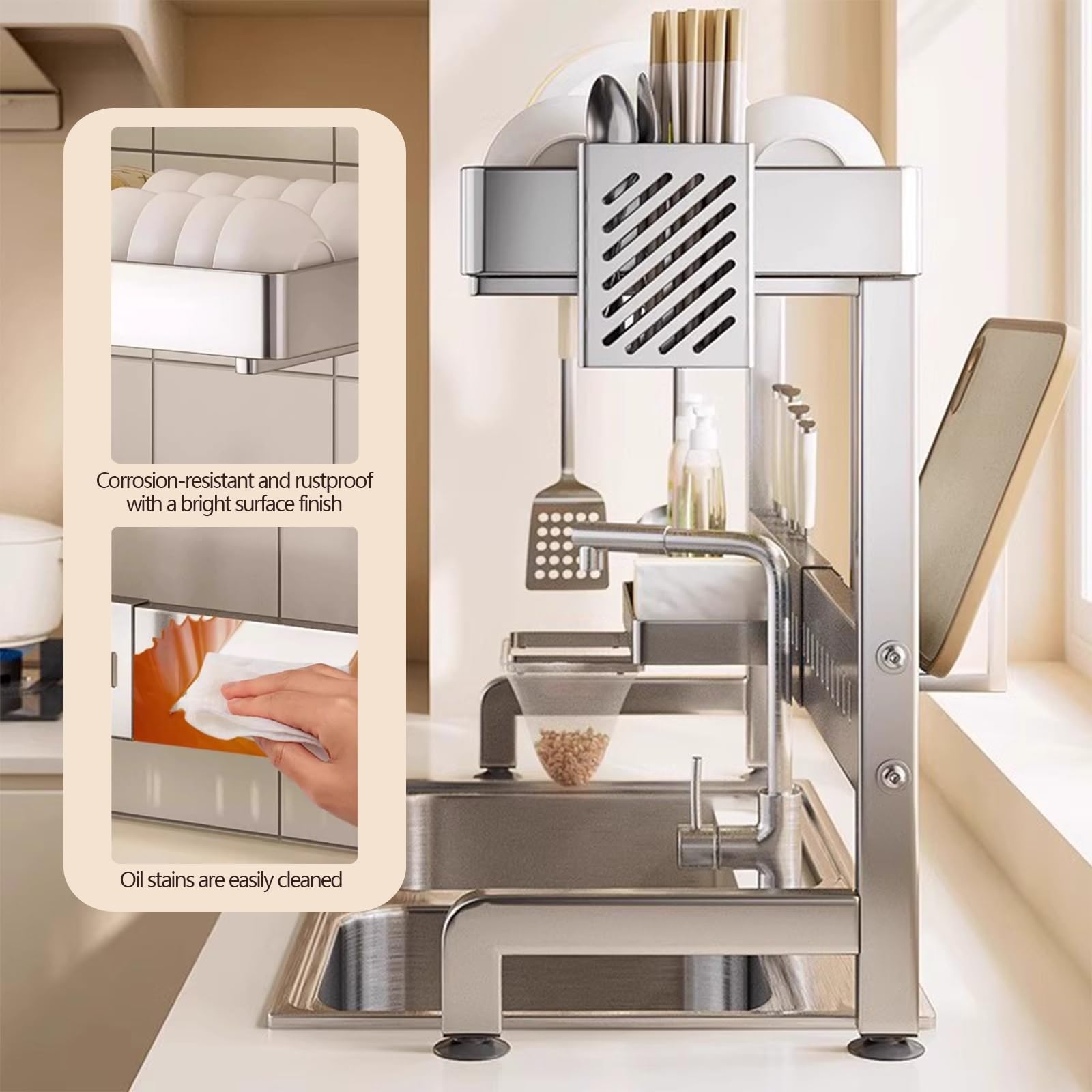 Escurreplatos de cocina ajustable de acero inoxidable para encimera que ahorra espacio (55 88 cm, 8,6 y 87,9 cm) para un secado eficiente y nizat