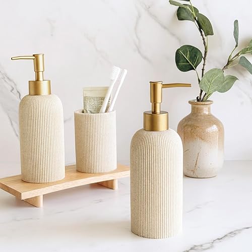 Miniatura 5 de Lunestella Dispensador de jabón de manos beige arena para baño y cocina con bomba de oro mate, loción, jabón para platos, multiuso, estilo de granja