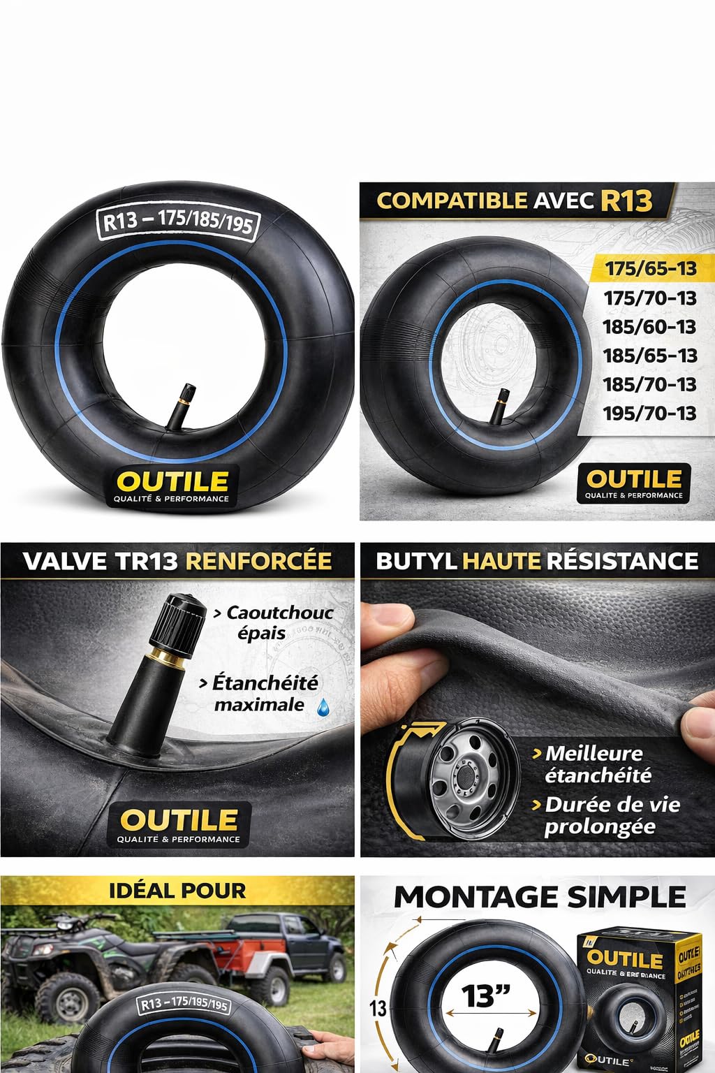 Chambre à Air R13 TR13 Butyl Renforcée – Compatible 175/65-13 à 195/70-13 – Haute Étanchéité – Pour Remorque, Voiture, Quad, Tracteur Léger – OUTILE