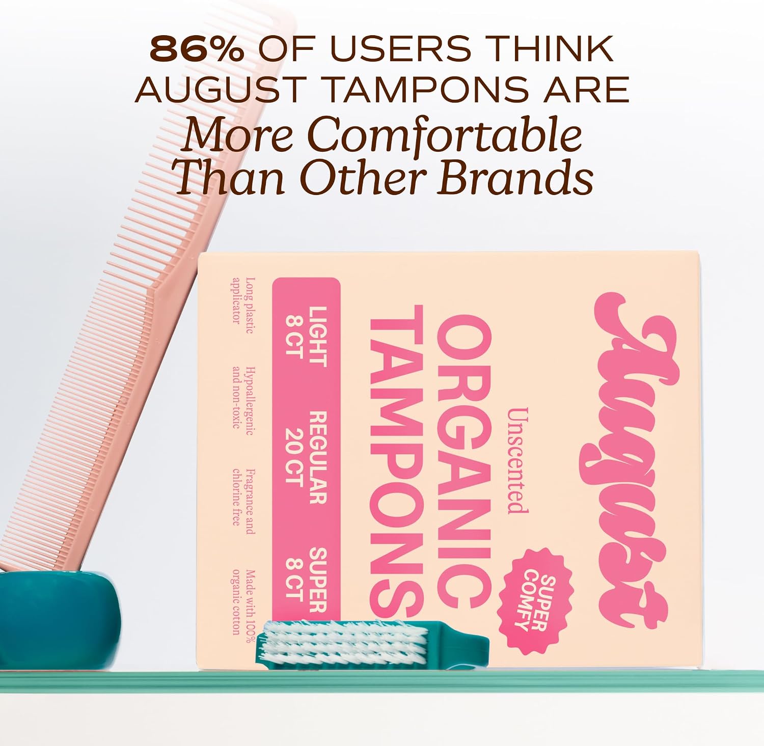 August Organic Tampons - Easy-Glide Long Applicators - Light, Regular, & Super - 36-Pack 100% Organic Cotton Tampons for Women, Non-Toxic, Fragrance-Free, and Hypoallergenic