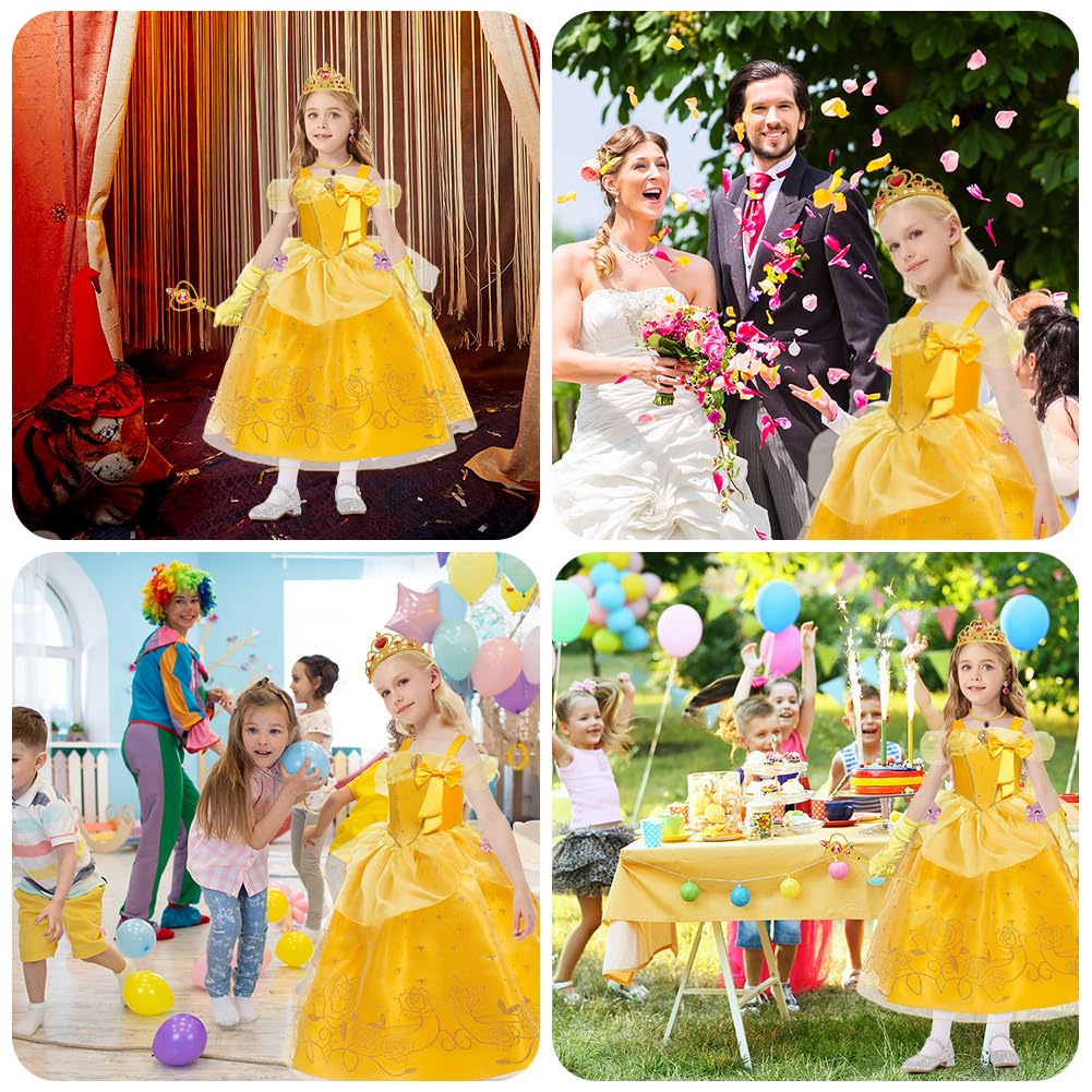 Déguisement de Princesse Belle, Fille Robe de Princesse Belle avec Accessoires, Robe de La Belle et La Bête Enfant, Princesse Costume Enfant pour Anniversaire Fête Partie Carnaval Cosplay