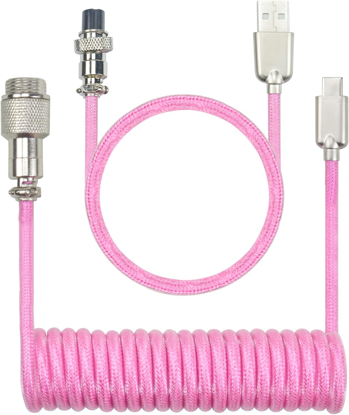 Custom Coiled Mechanical Keyboard Cable, with Aviation Connector,USB Type-c Gaming Keyboard Cable（Pink）