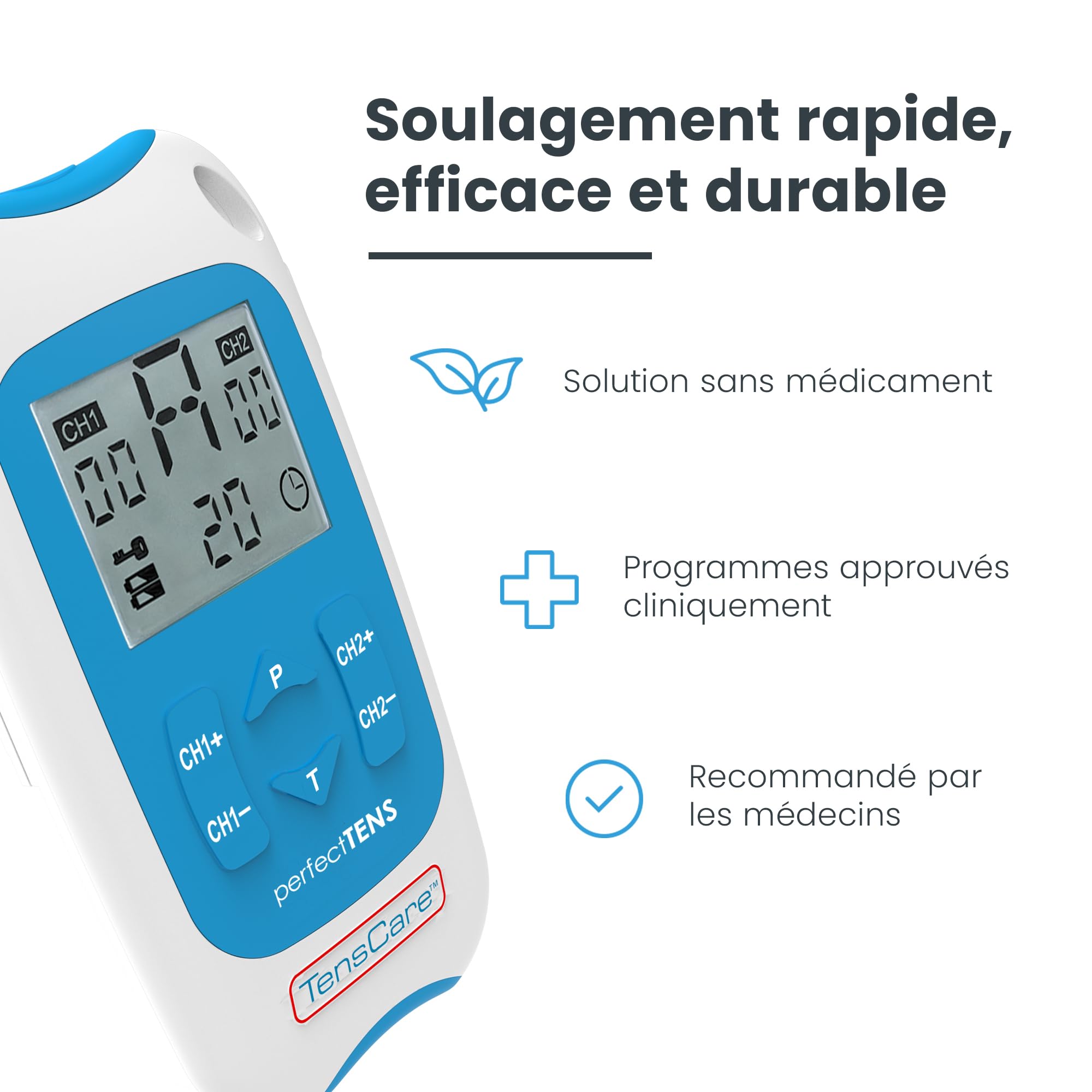 TensCare - Perfect Tens, Appareil de soulagement de la douleur + TensCare – Électrodes TENS & EMS pour soulager les douleurs au genou, réutilisables jusqu'à 20 fois