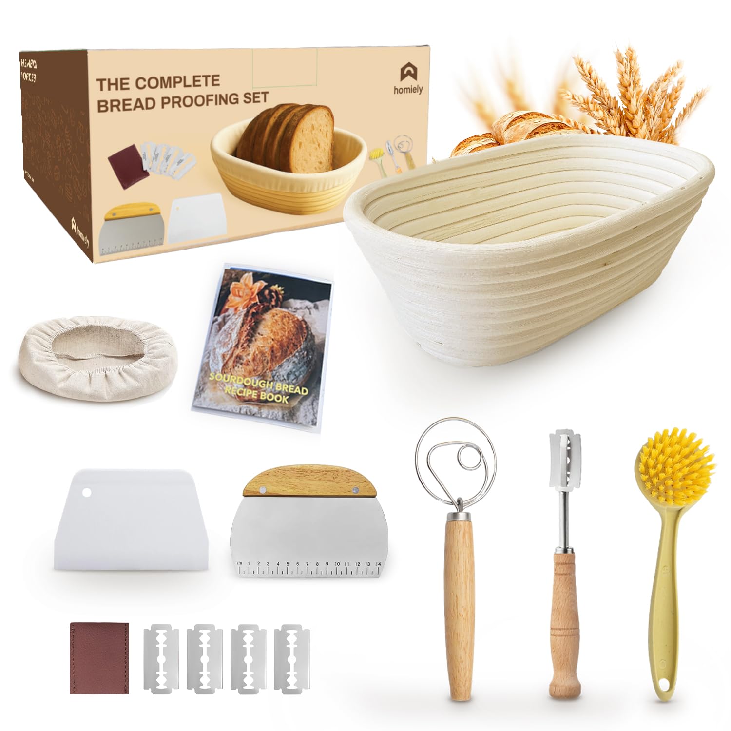 Homiely Natural Bread Proofing Basket, Rattan Sourdough Kit, 13 Piece - 10" Oval Banneton Basket With Bread Lame, Danish Whisk, Linen Cover And More For Professional Home Bakers