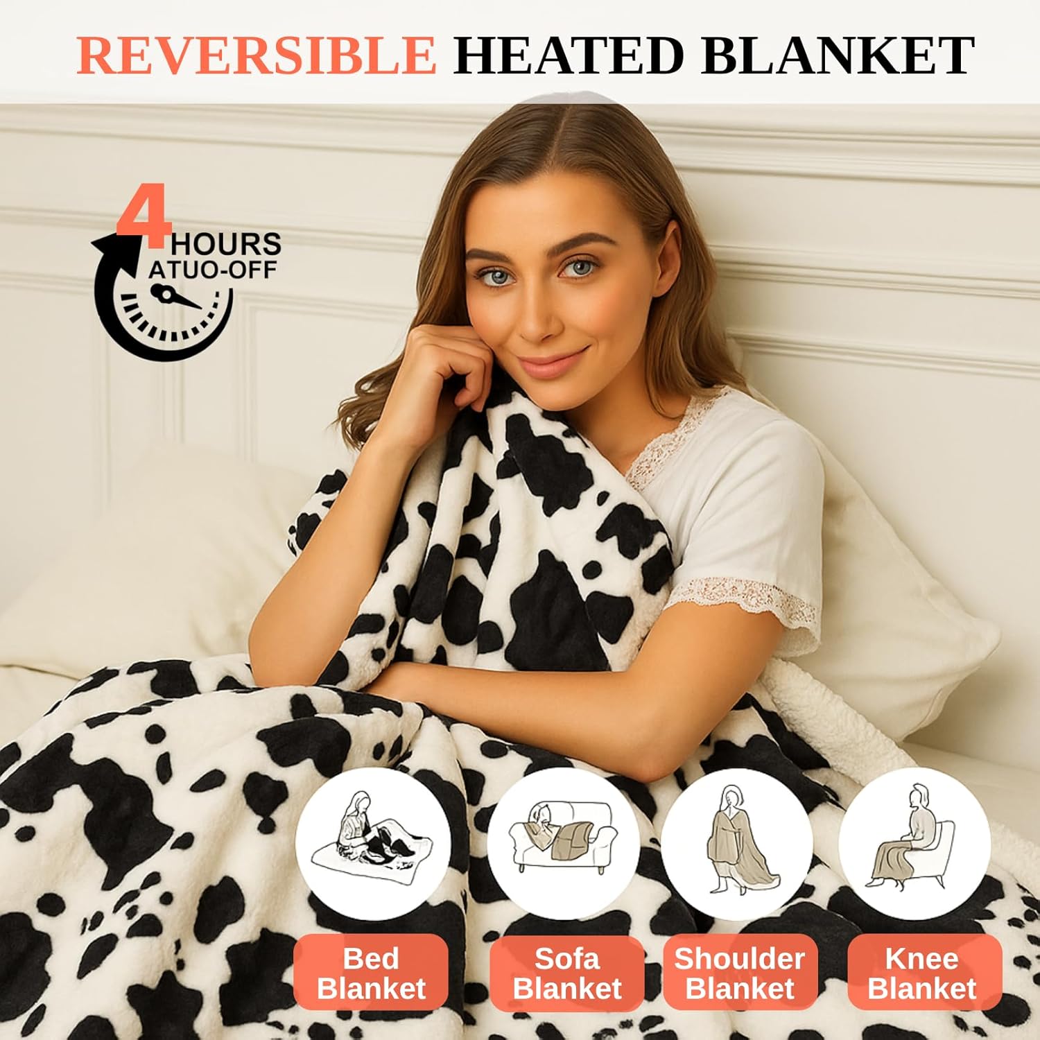 Electric Heated Throw Blanket Sherpa 50"x60" Cow Print Machine Washable 6 Heat Settings 4 Hours Auto Off Overheat Protection for Home Office Use - Image 3