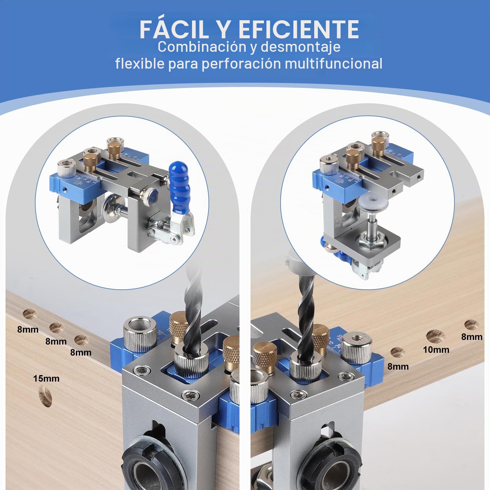 EFUTURETIME Juego de Plantillas de Taladrado Vertical 3 en 1, Plantilla de Espigas Ajustable de 5/8/10/15 mm, Plantilla de Clavijas para Taladrar y Realizar Conexiones de Forma Rápida y Precisa, Azul