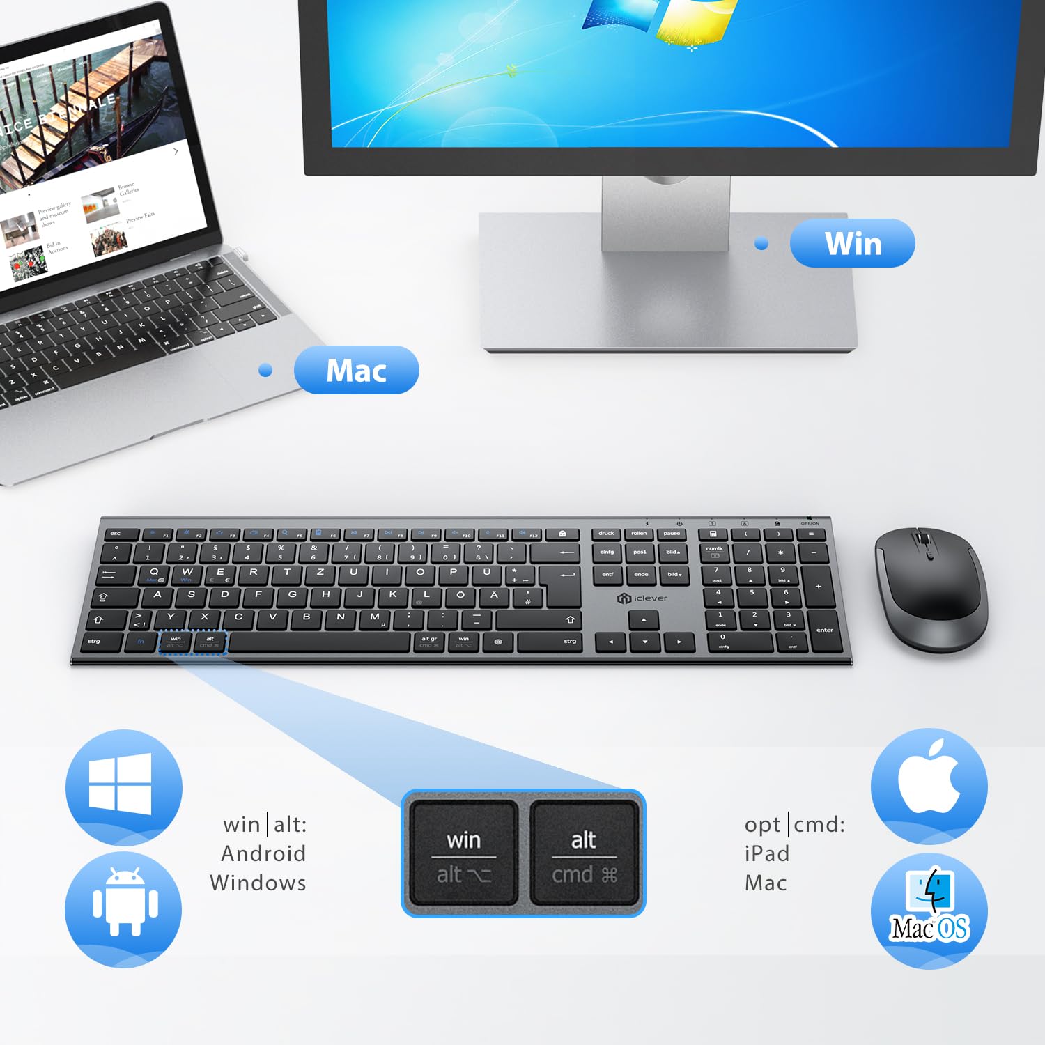 iClever Bezprzewodowa klawiatura i mysz 2,4 G, możliwość ponownego ładowania, oryginalny rozmiar, smukła, cienka i wytrzymała klawiatura do Windows 7/8/10, Mac OS