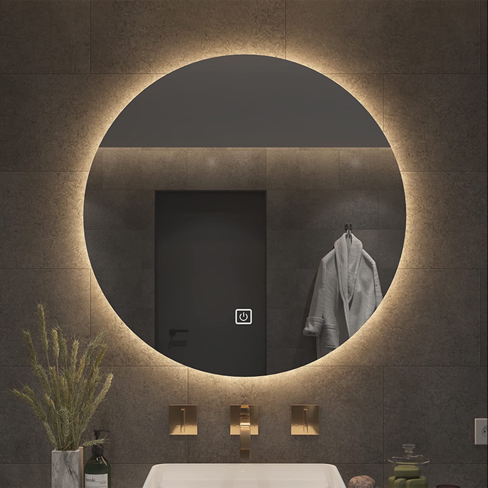 Miroir De Salle De Bain LED Rond, Intensité Variable, Température De Couleur Réglable, Miroir De Courtoisie Mural Anti-buée, Miroir Intelligent Étanche Et Incassable Pour Salle De Bain(Color:Warm ligh