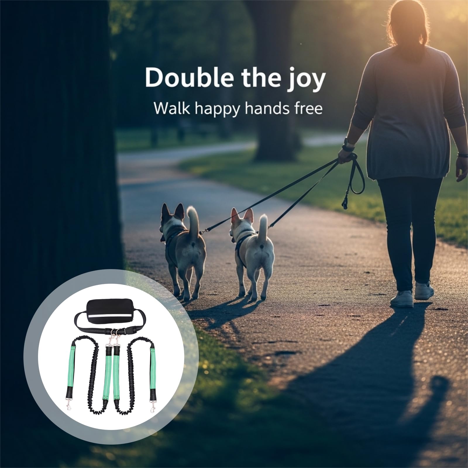 Laisse Mains Libres pour Chien avec Pochette, Laisse Double pour Deux Chiens, Laisse élastique rétractable, système Anti-emmêlement, Ceinture réglable, Bandes réfléchissantes, Nylon renforcé, Vert