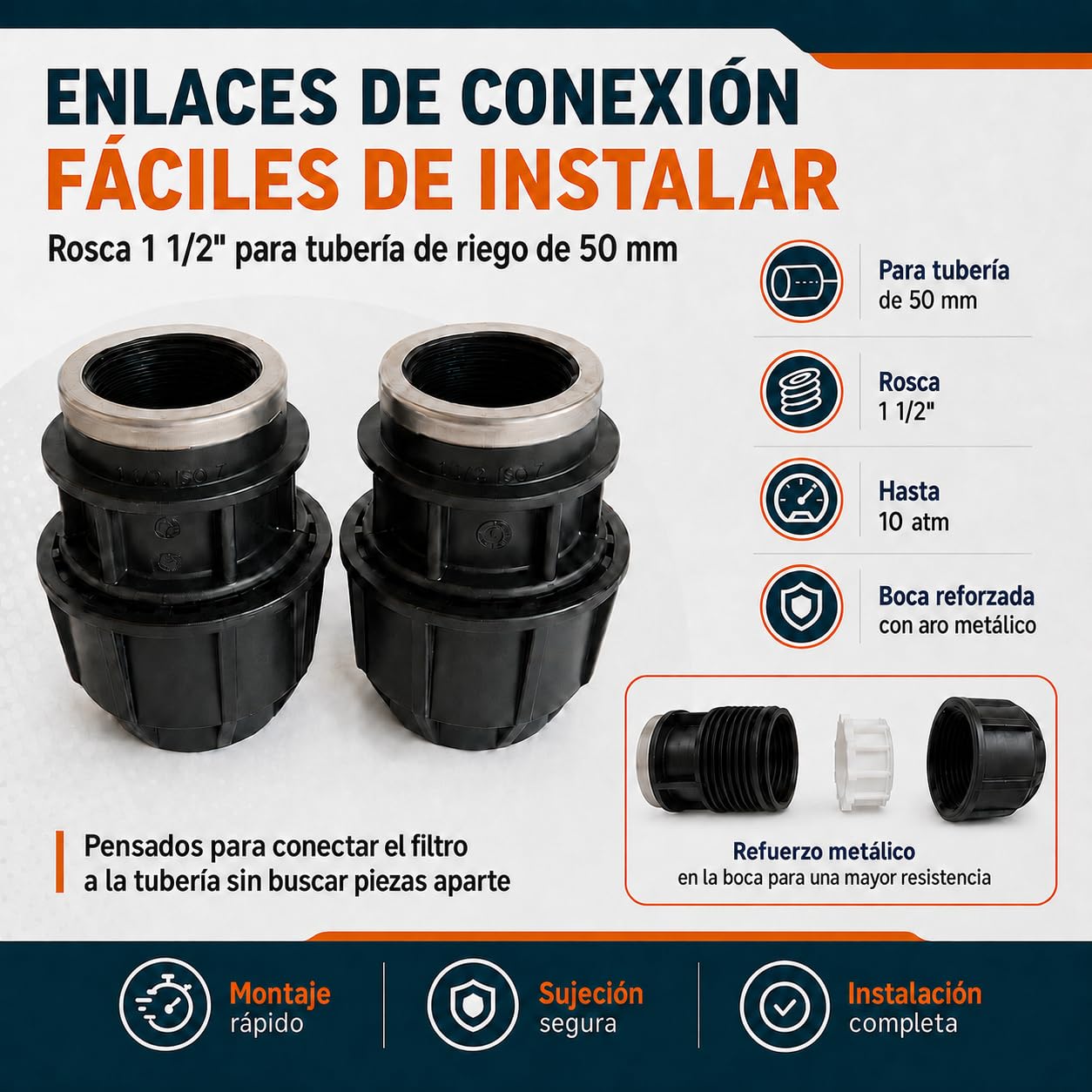 Filtro de Malla 1 1/2" para Riego, Tubería 50 mm, Kit con Enlaces